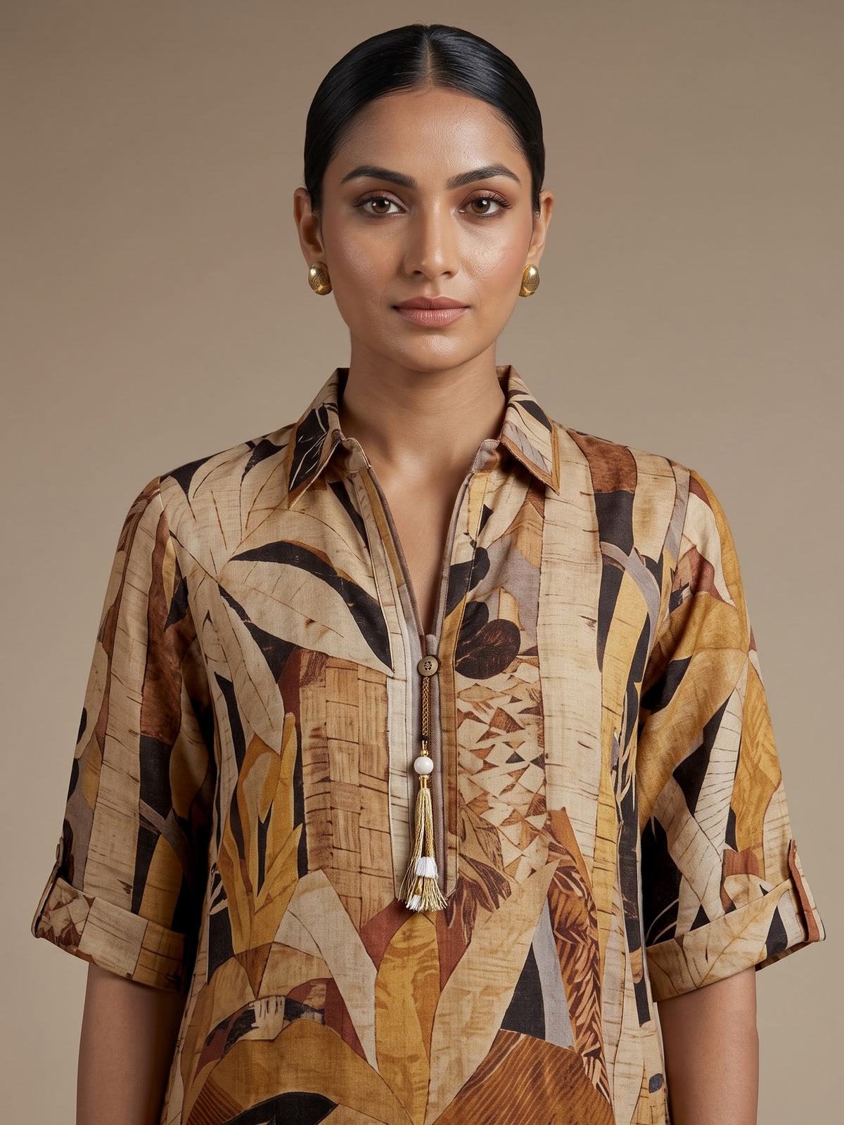 Brown linen printed western kurti with collar neck and elbow sleeves