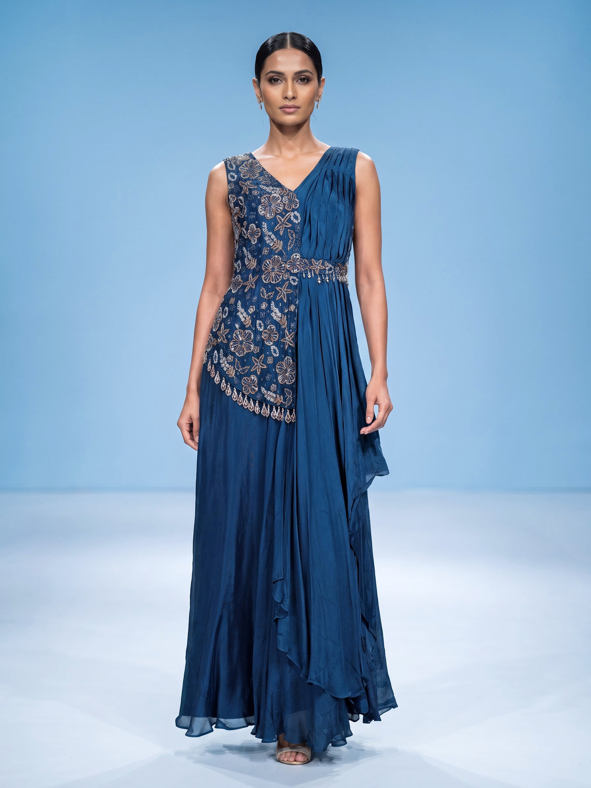 Blue chiffon silk designer gown with cutdana and zardosi work