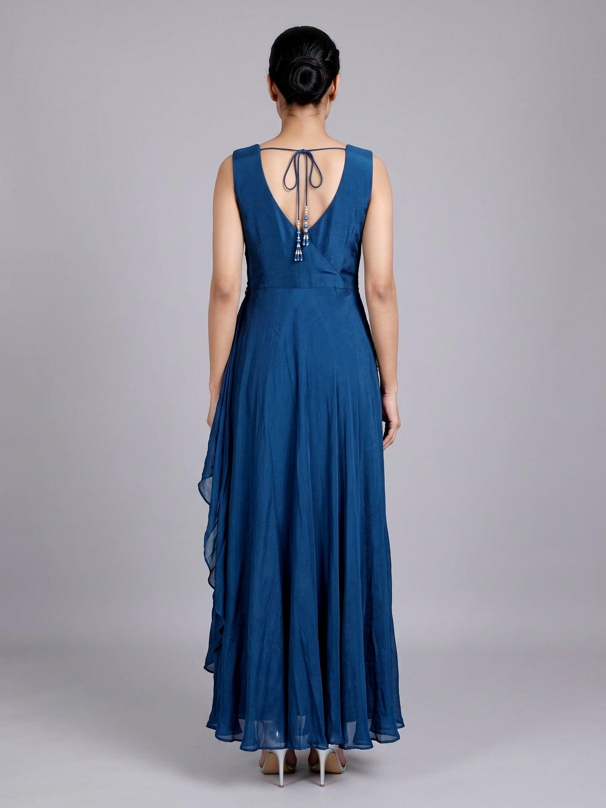 Blue chiffon silk designer gown with cutdana and zardosi work
