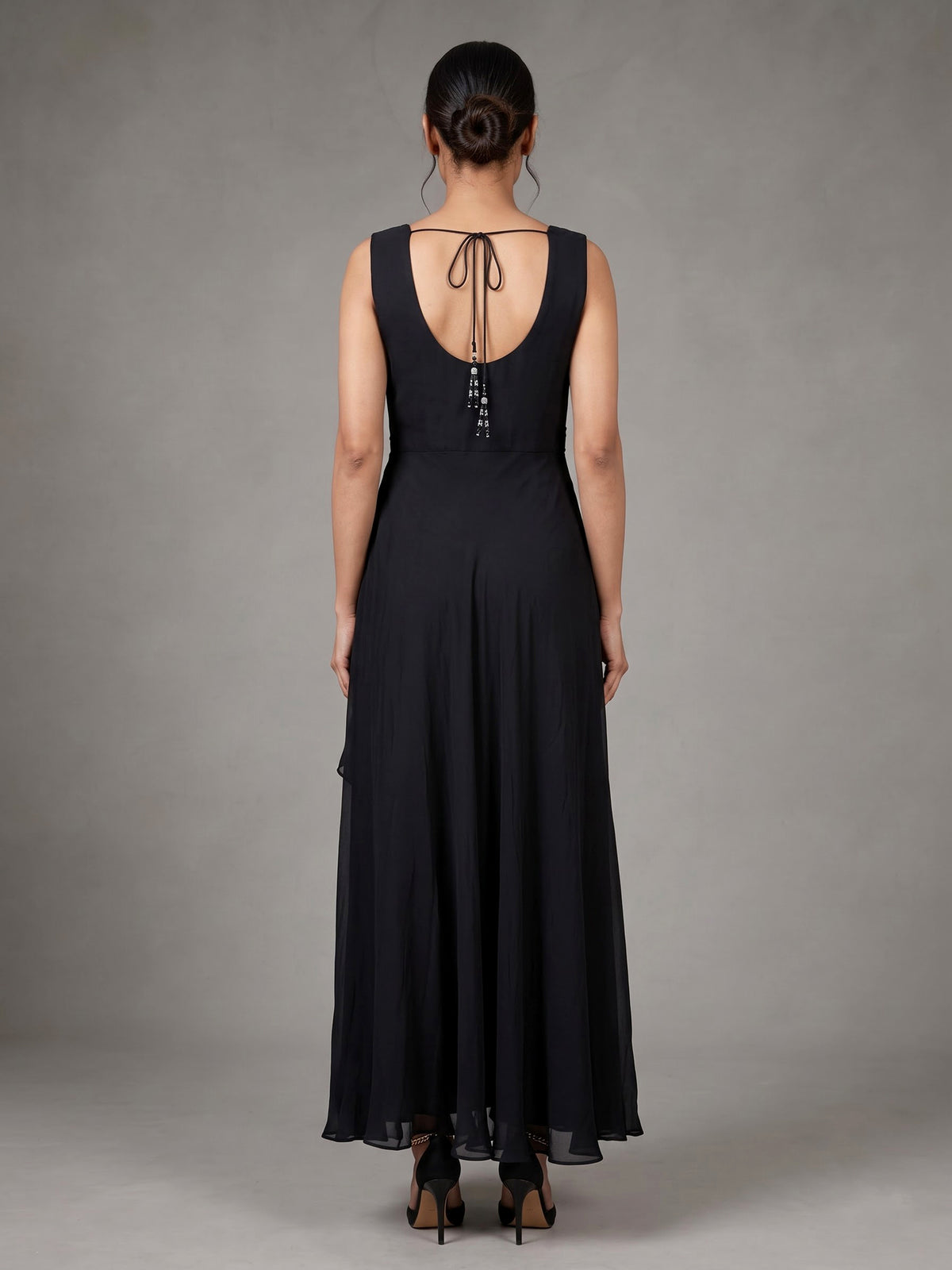 Black chiffon silk designer gown with zardosi and tassel detailing