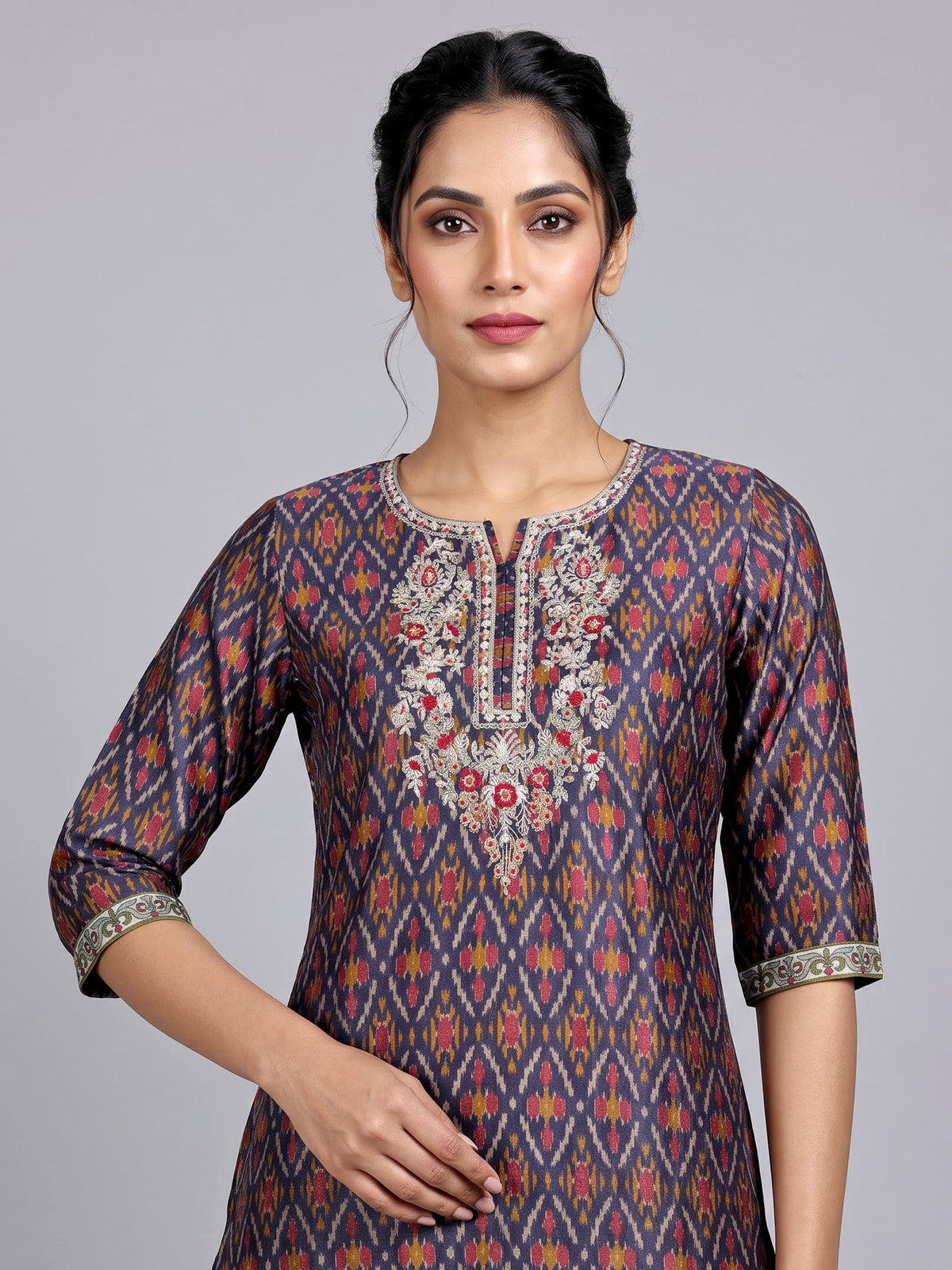 Navy cotton printed kurti set with embellished pant and dupatta