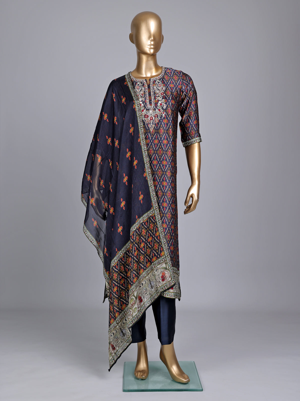 Navy cotton printed kurti set with embellished pant and dupatta