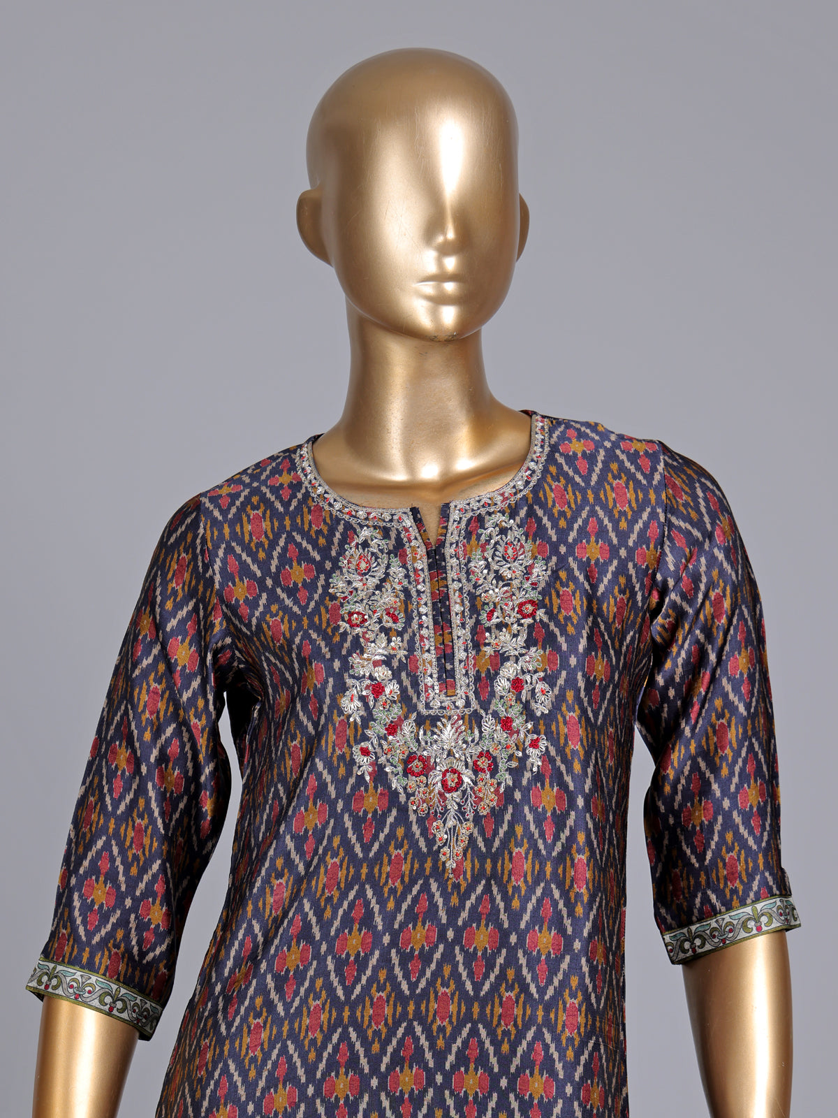 Navy cotton printed kurti set with embellished pant and dupatta