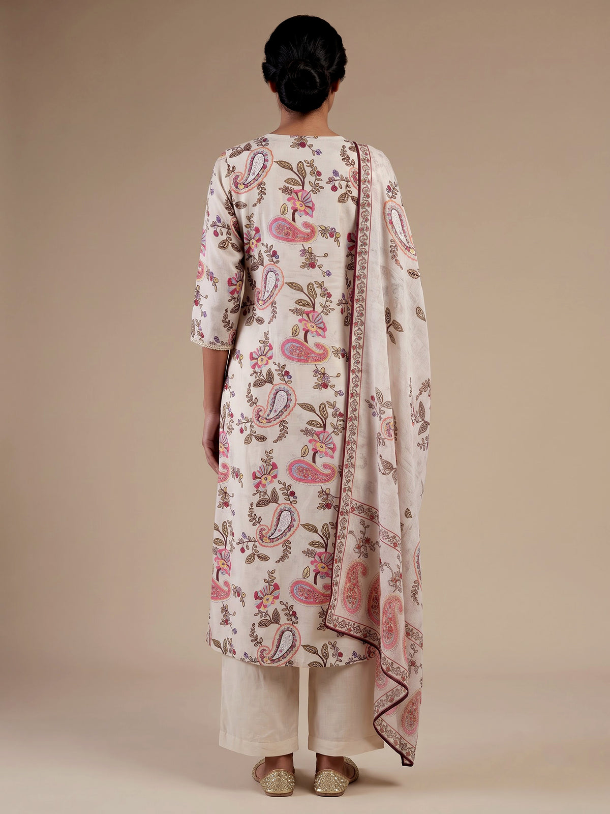 Cream silk printed kurti set with embellished palazzo and dupatta