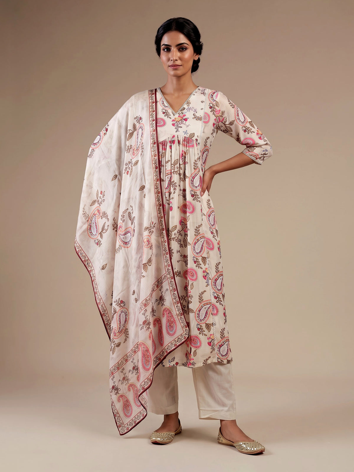 Cream silk printed kurti set with embellished palazzo and dupatta
