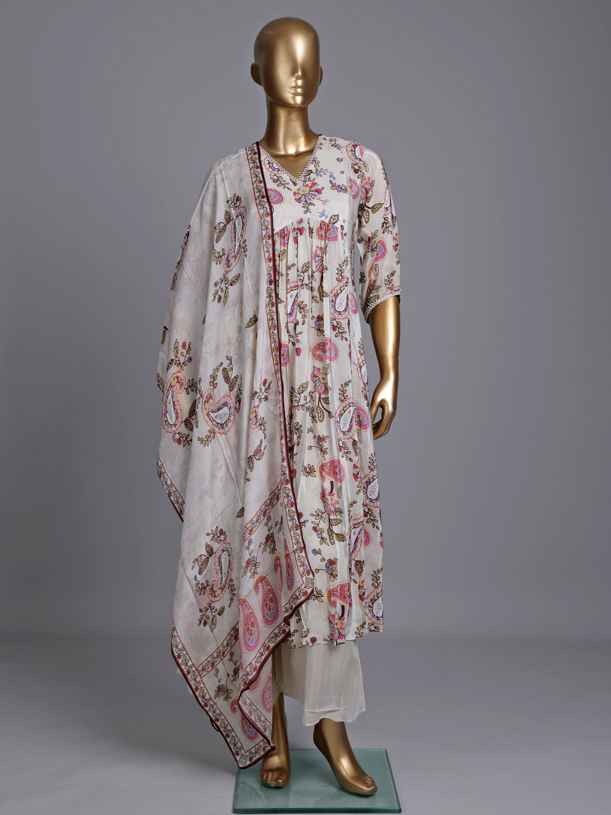 Cream silk printed kurti set with embellished palazzo and dupatta