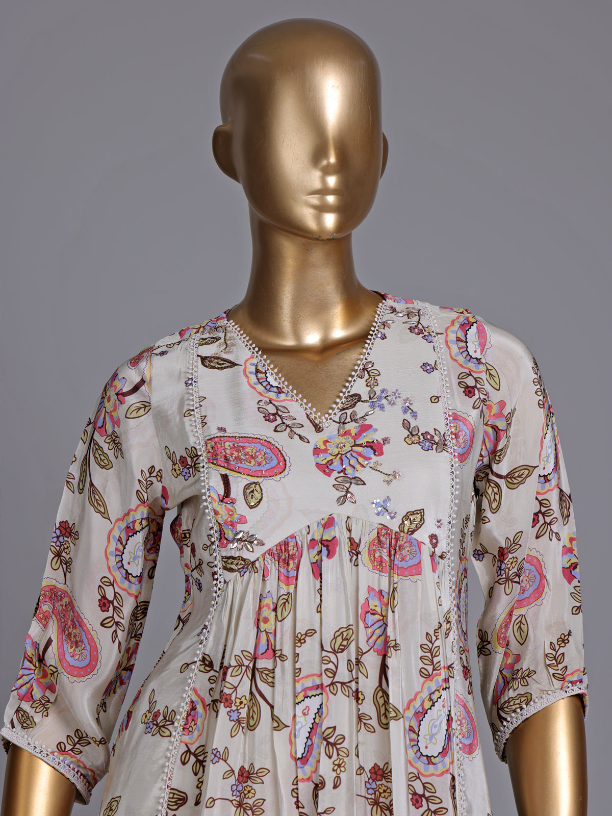 Cream silk printed kurti set with embellished palazzo and dupatta