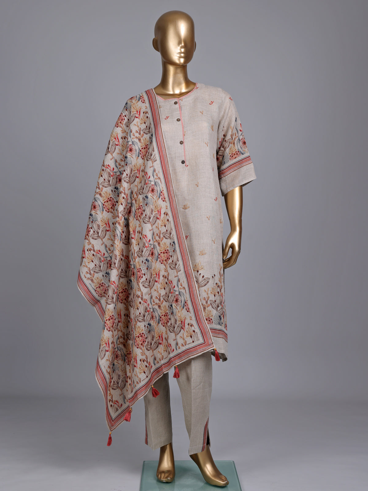 Beige linen printed kurti set with round neck and dupatta
