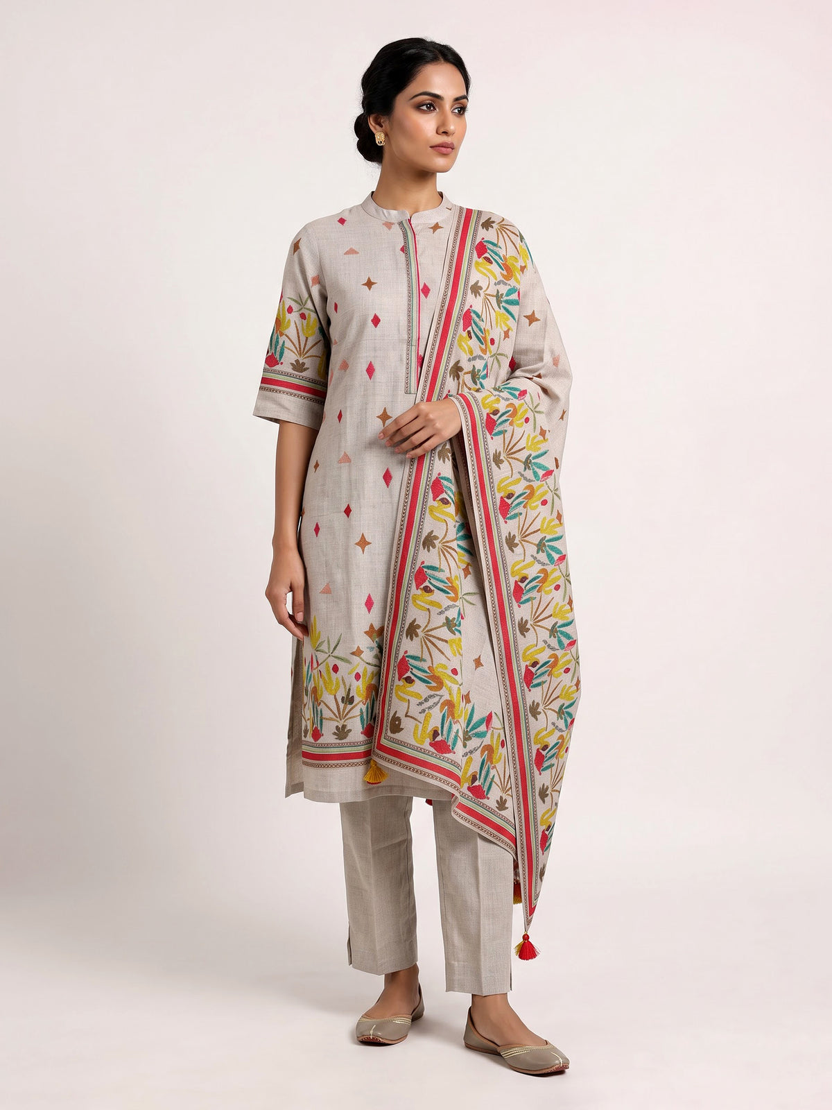 Beige linen printed kurti set with dupatta and pants