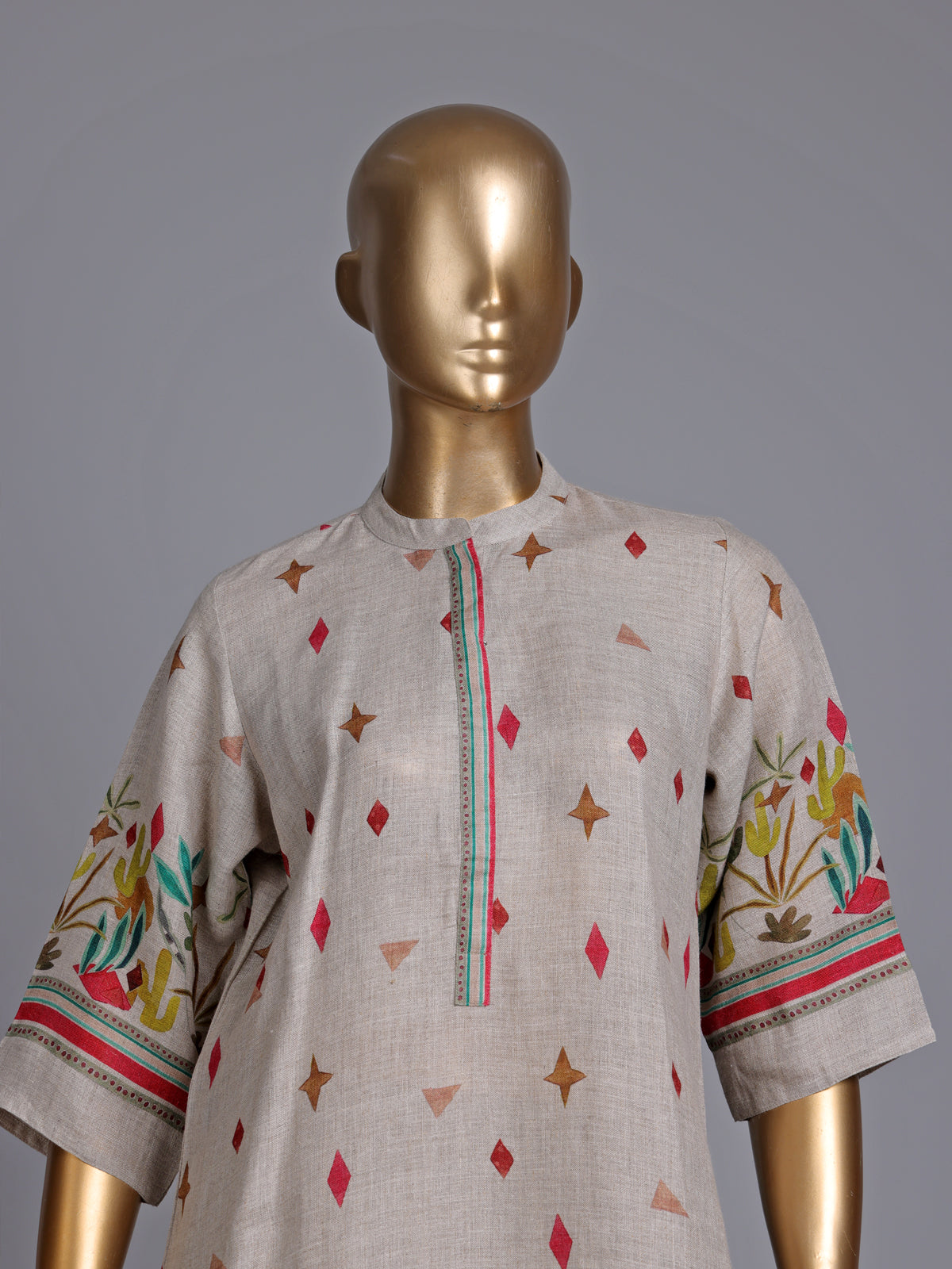 Beige linen printed kurti set with dupatta and pants