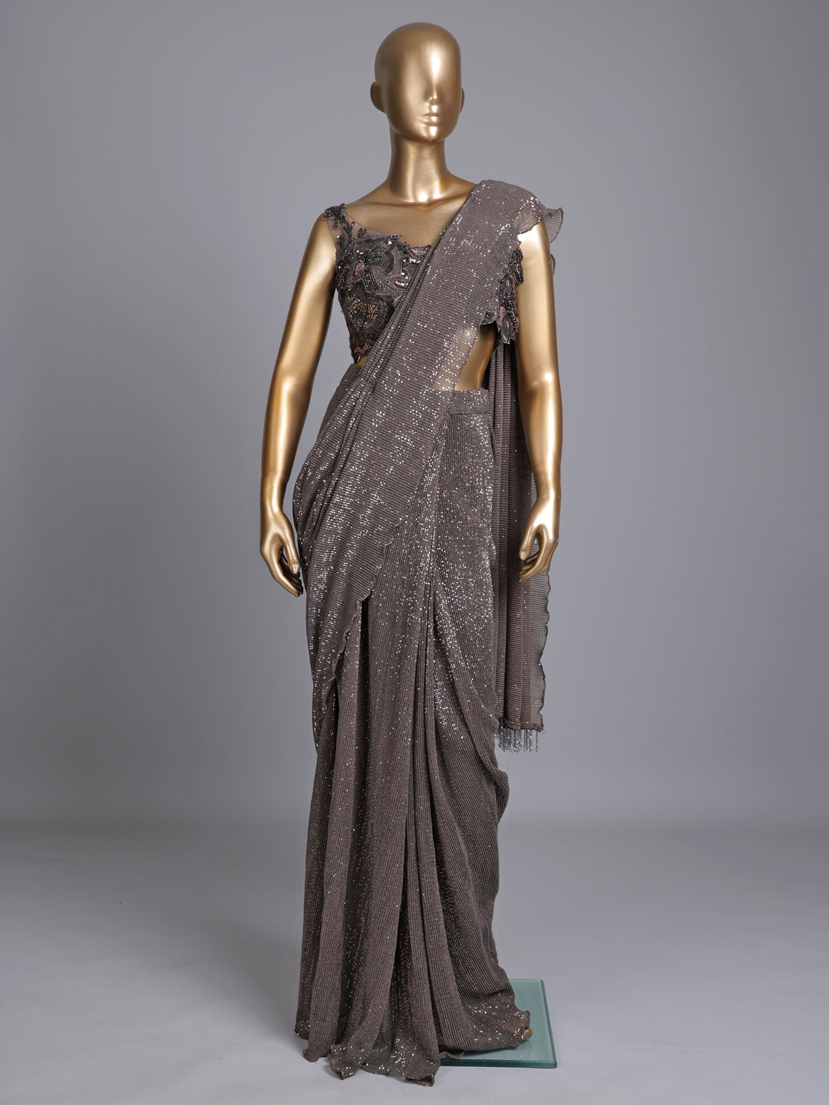 Brown designer net saree with zardosi embellished blouse detailing