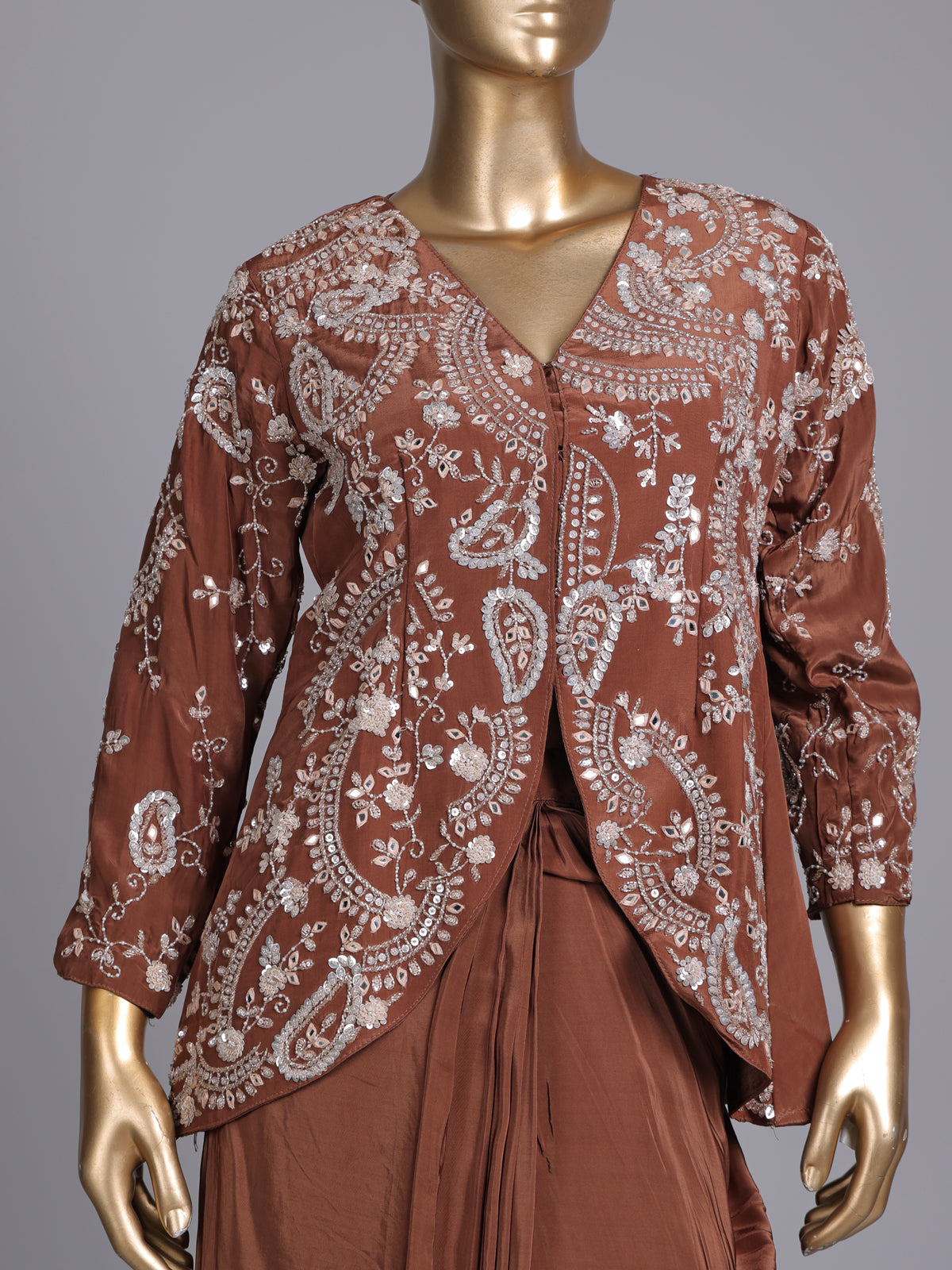 Light brown designer satin silk ready-to-wear saree with embellishments
