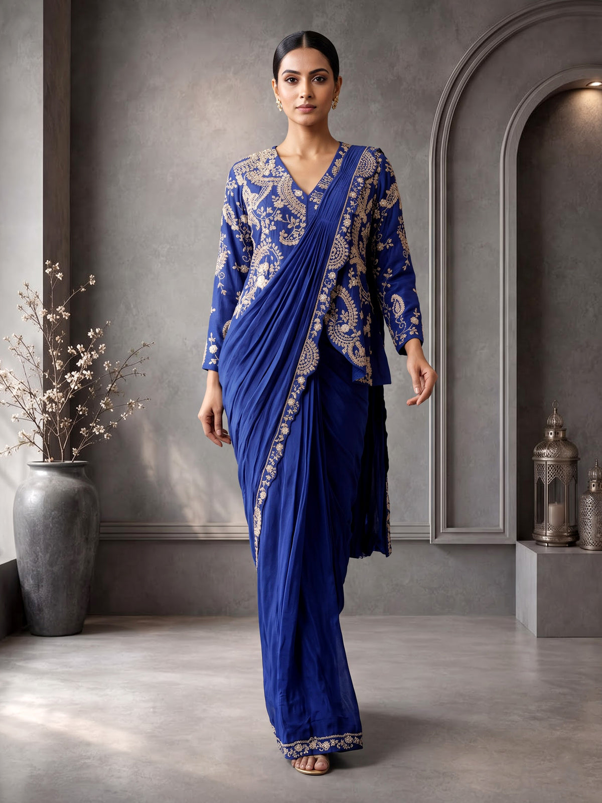 Blue designer satin silk ready-to-wear saree with festive embellishments