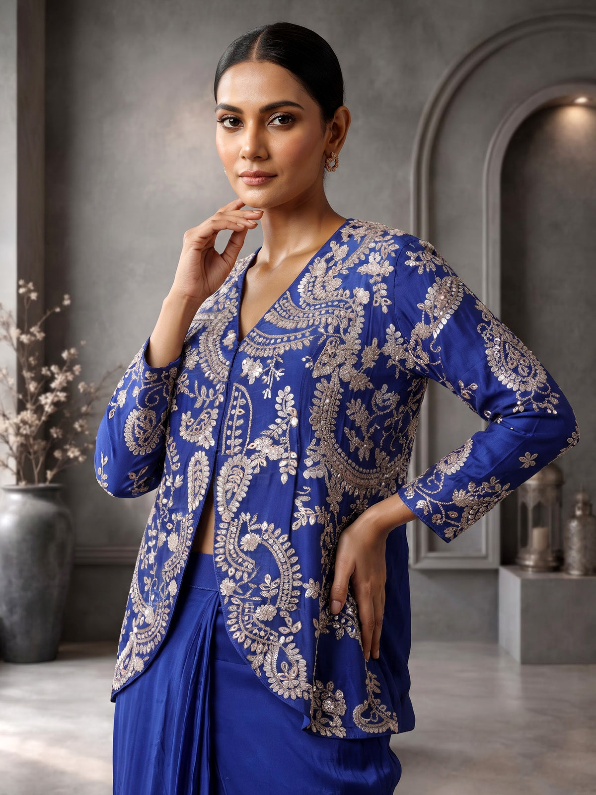 Blue designer satin silk ready-to-wear saree with festive embellishments
