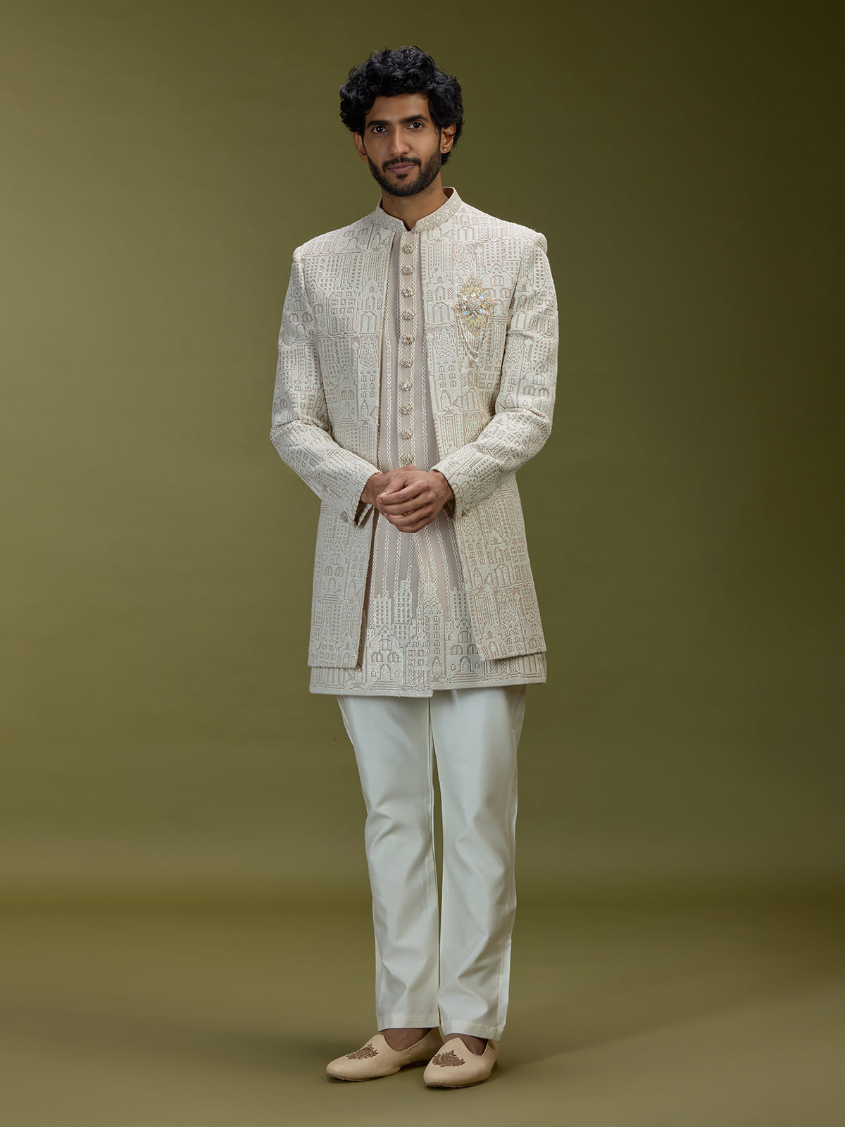 Beige architectural jacquard silk men indo western