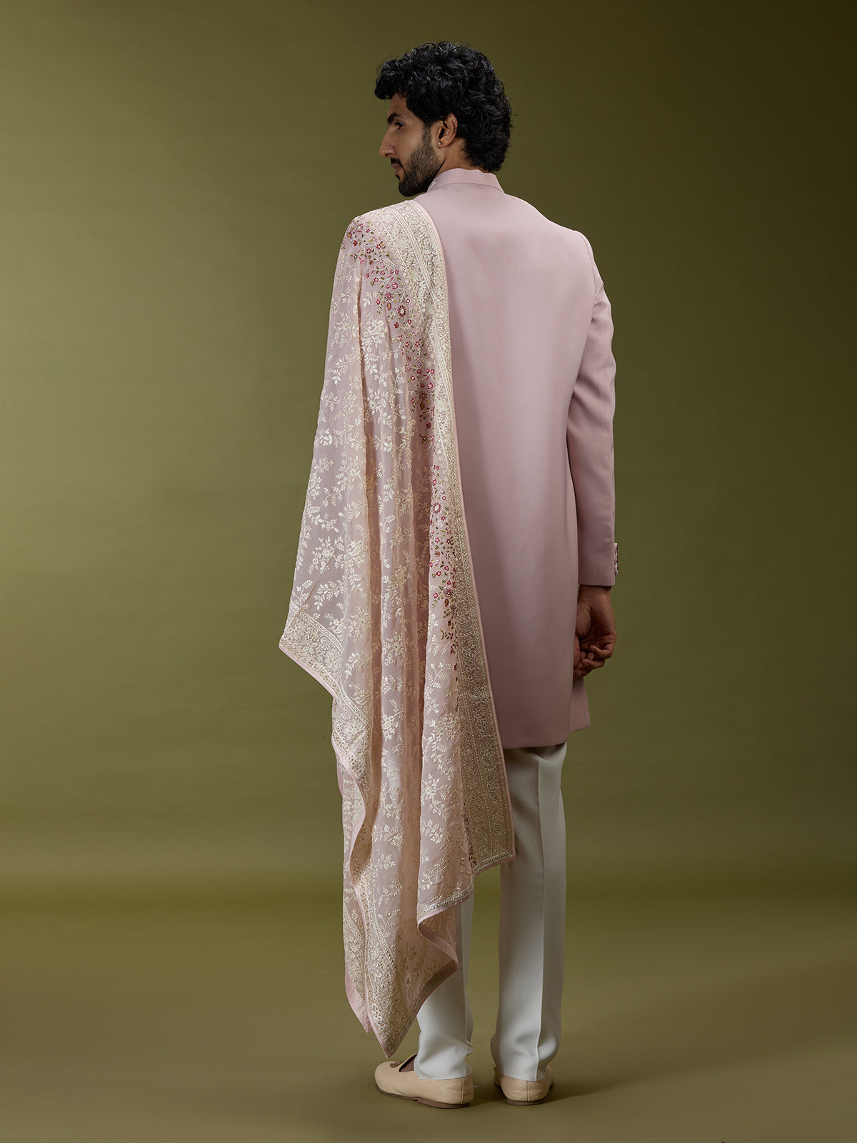 Pastel pink luxurious polyester silk men indo western with dupatta