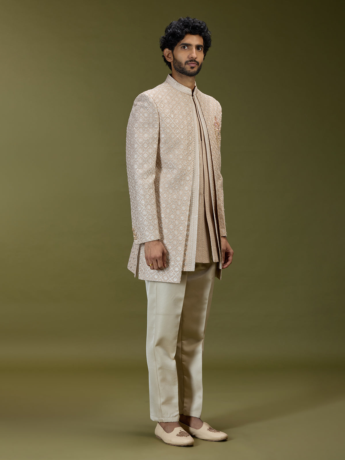 Beige geometric polyester silk men indo western