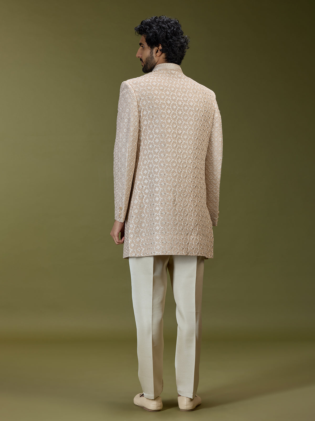 Beige geometric polyester silk men indo western