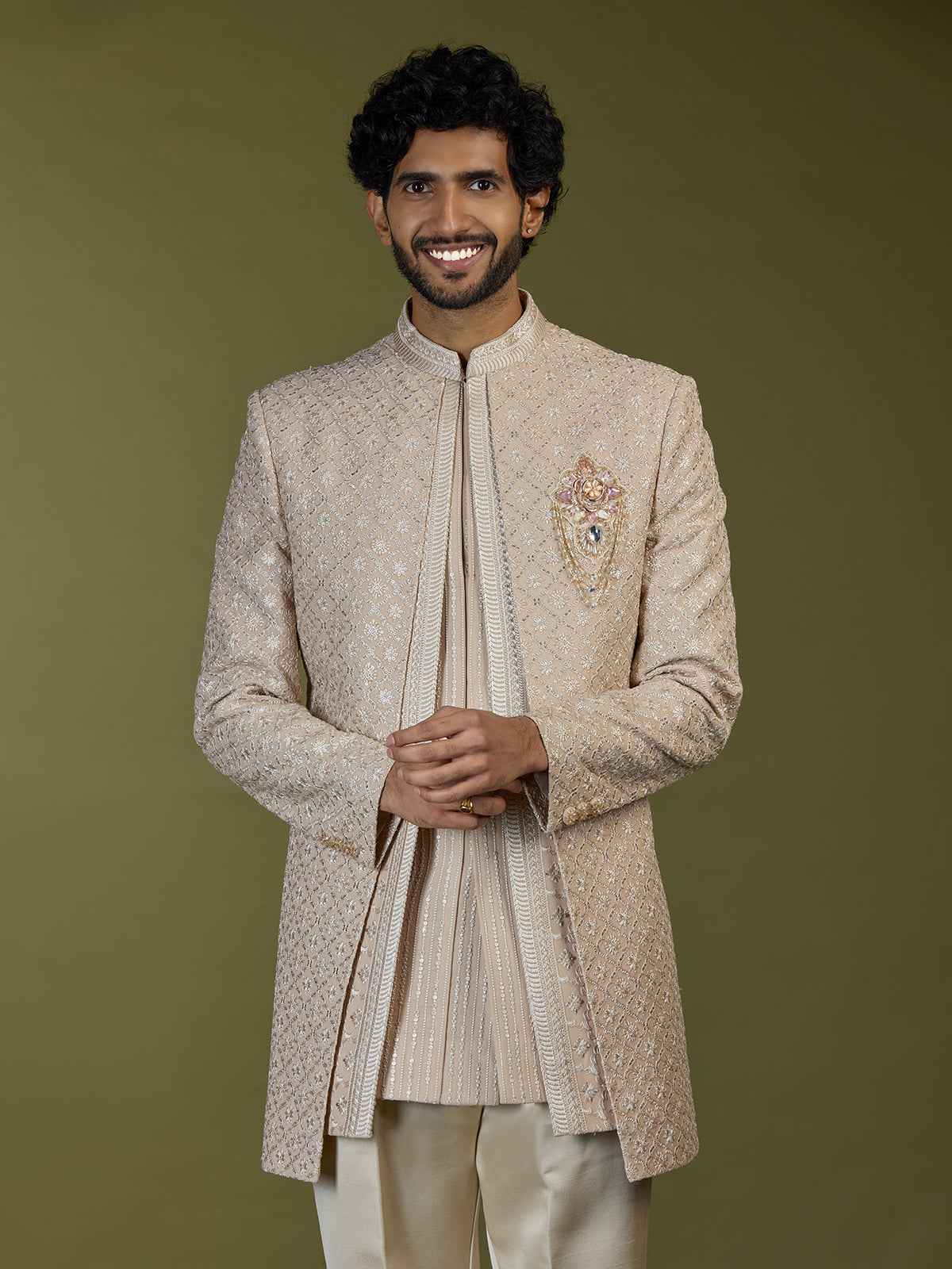 Beige geometric polyester silk men indo western