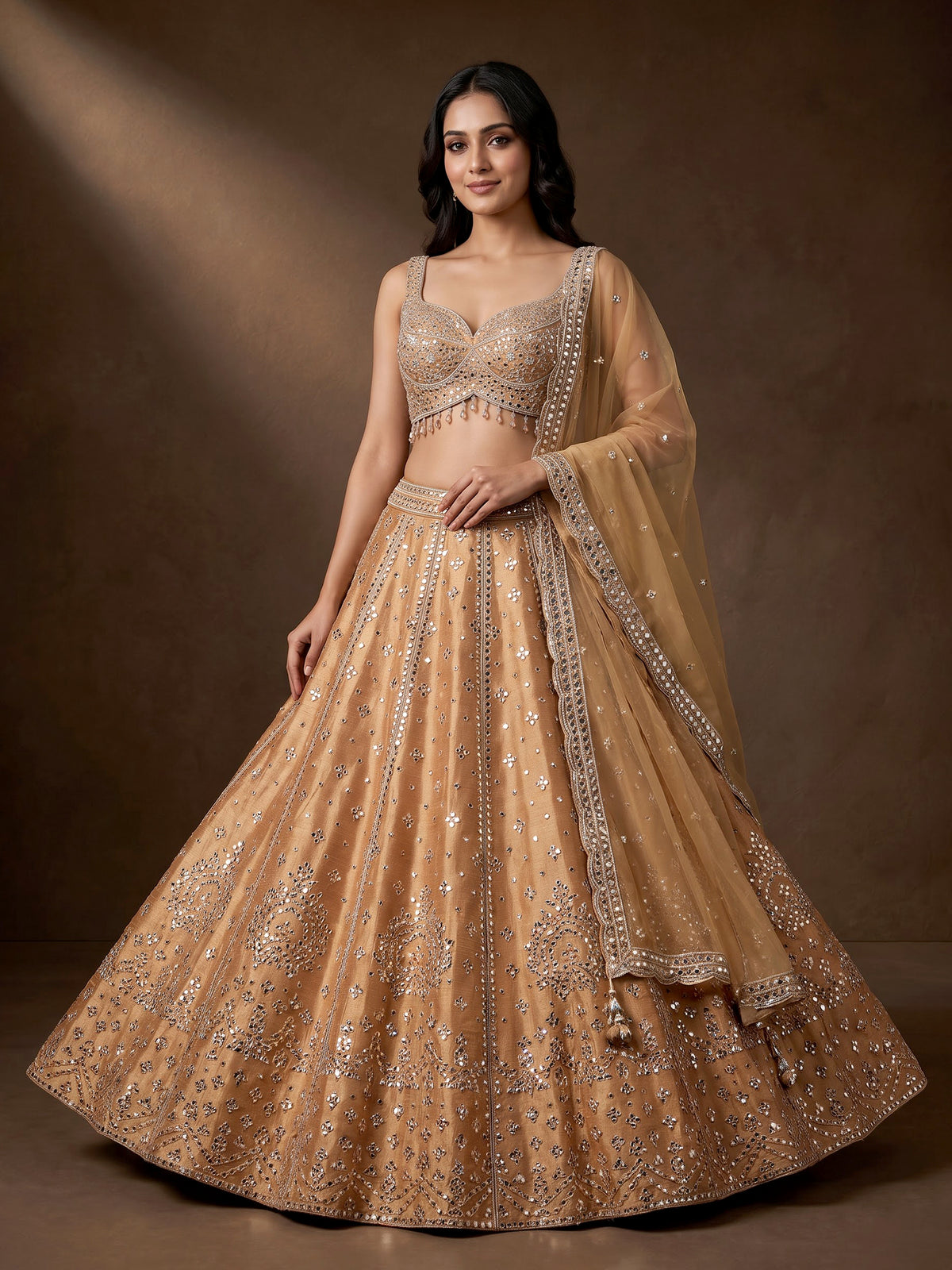 Peach raw silk lehenga choli with elegant diamond and aabla work