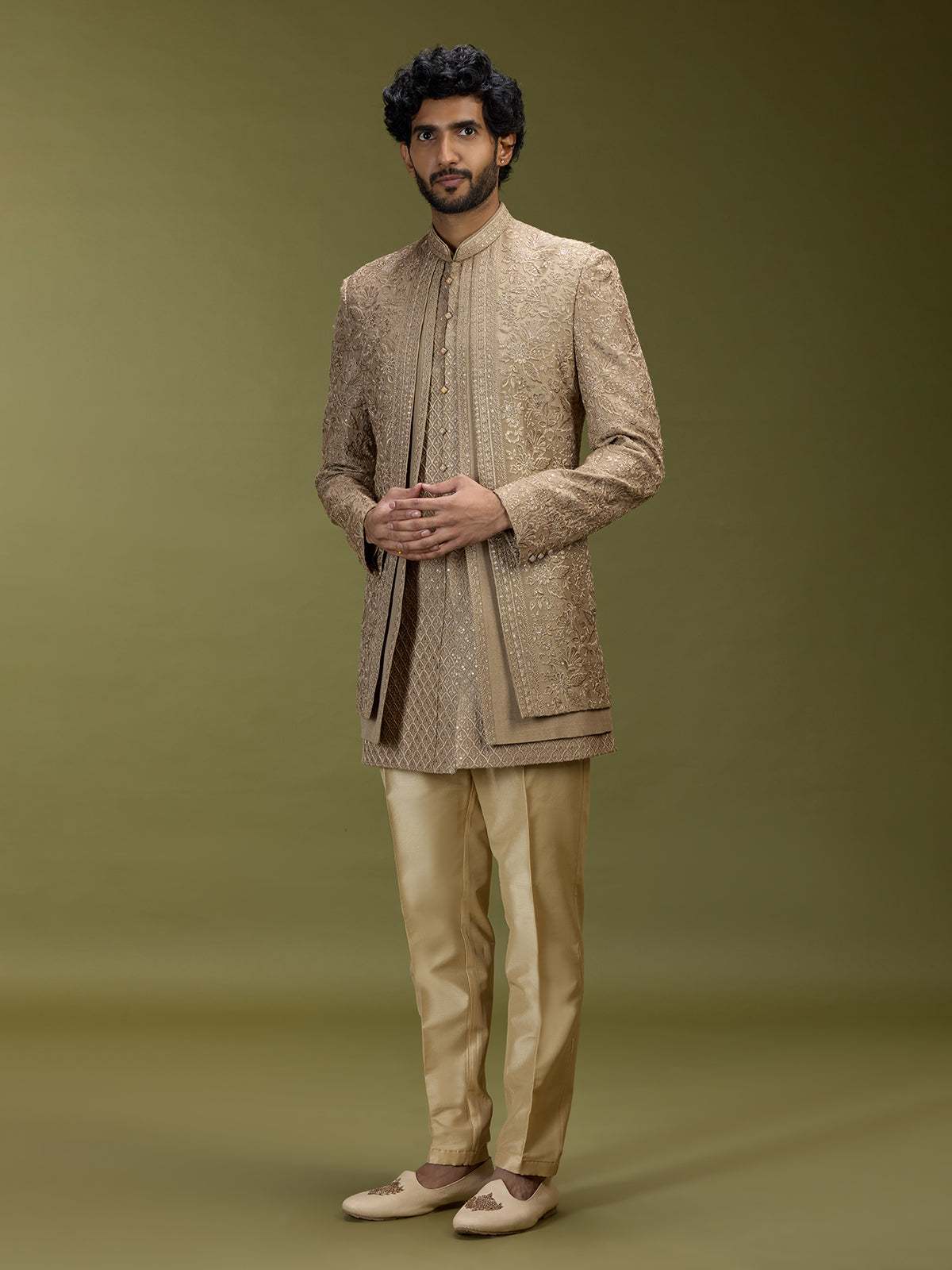 Golden brown luxurious silk men designer jacket indo western