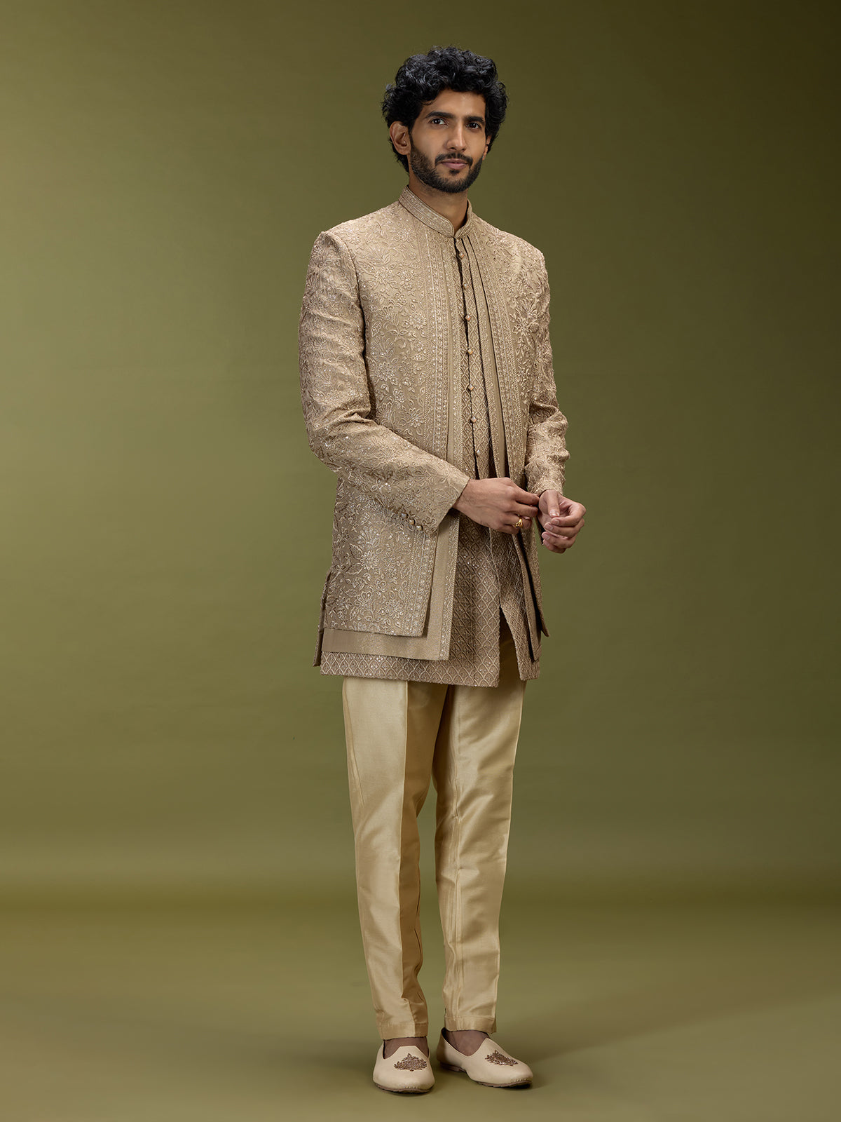 Golden brown luxurious silk men designer jacket indo western