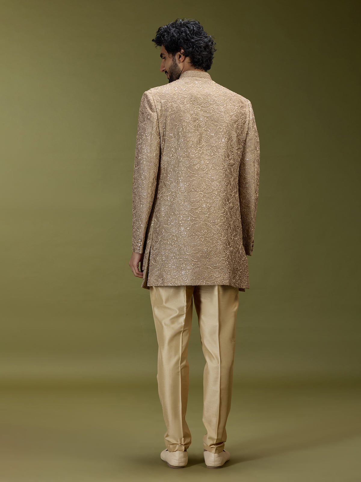 Golden brown luxurious silk men designer jacket indo western