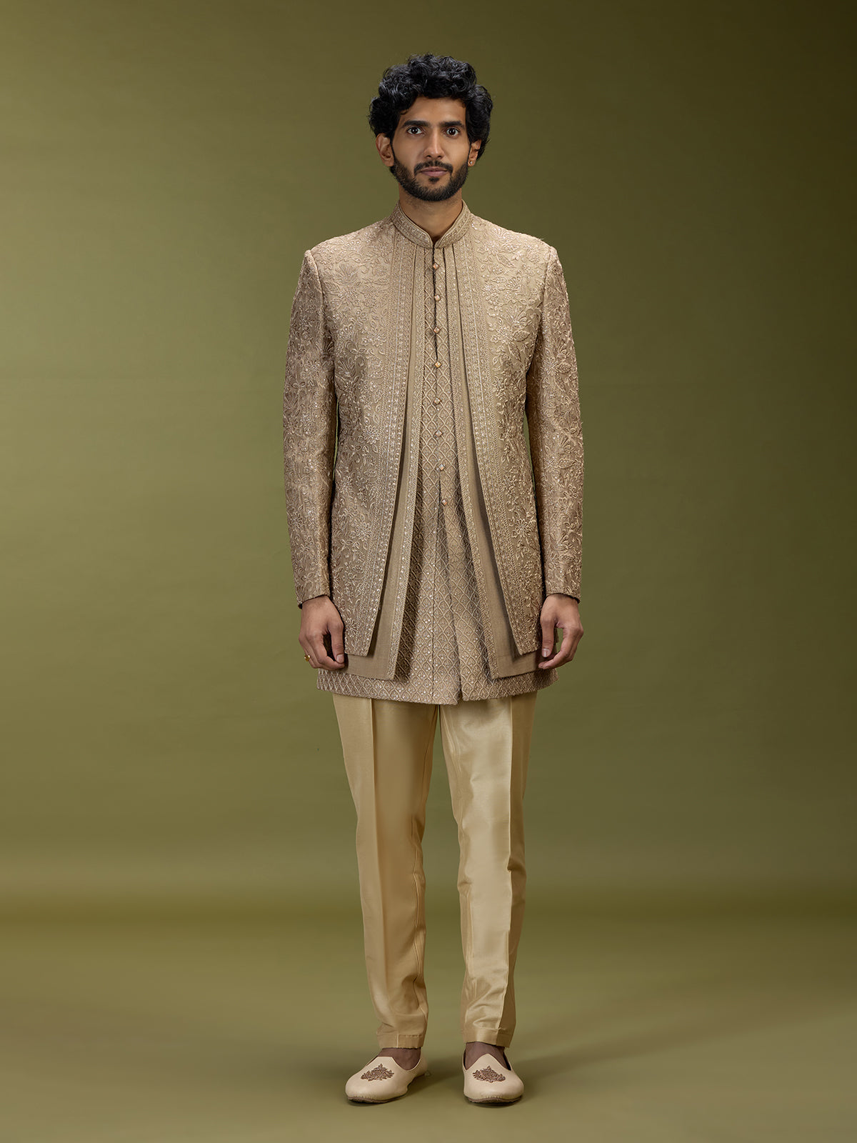 Golden brown luxurious silk men designer jacket indo western