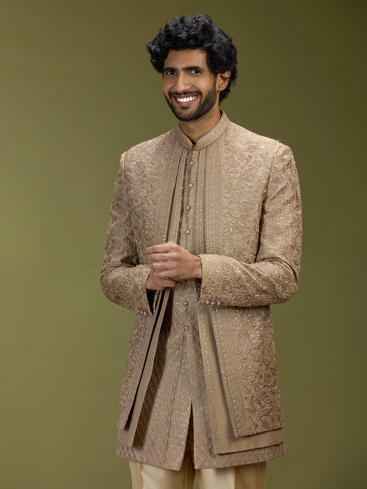 Golden brown luxurious silk men designer jacket indo western