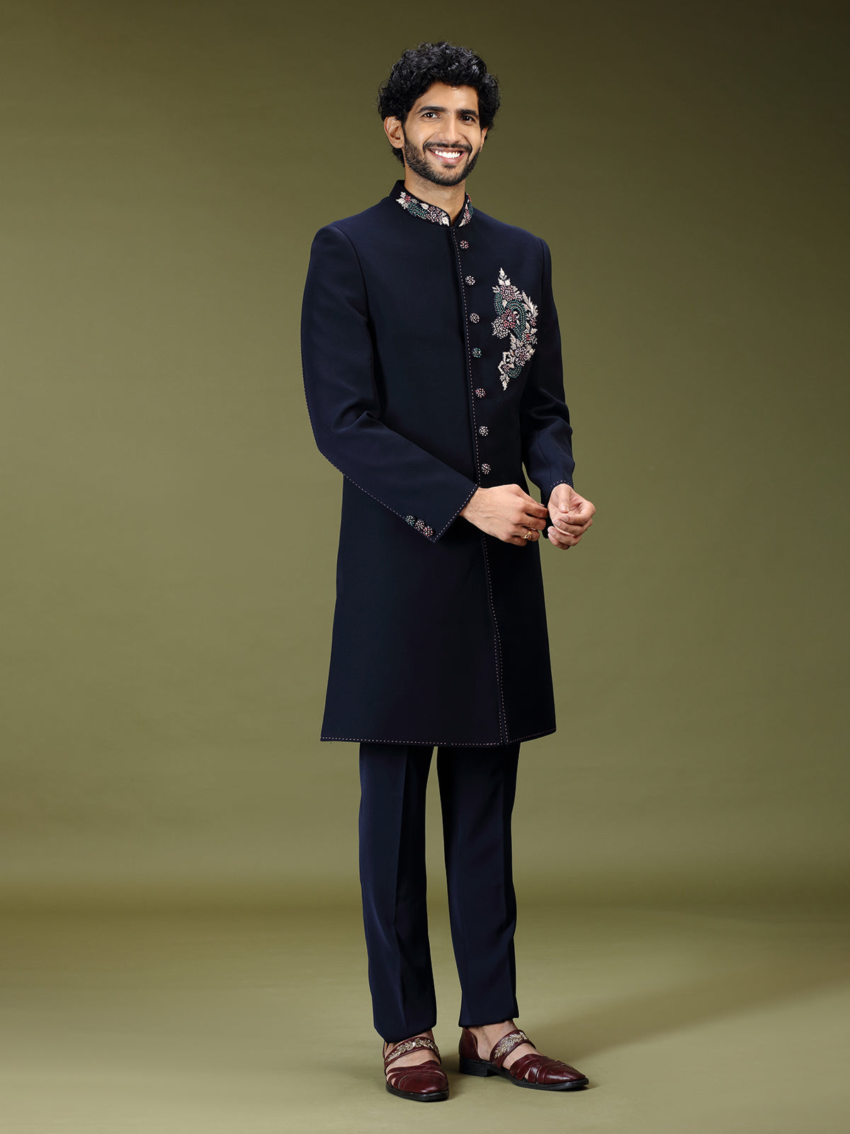 Navy blue regal polyester silk men indo western with dupatta