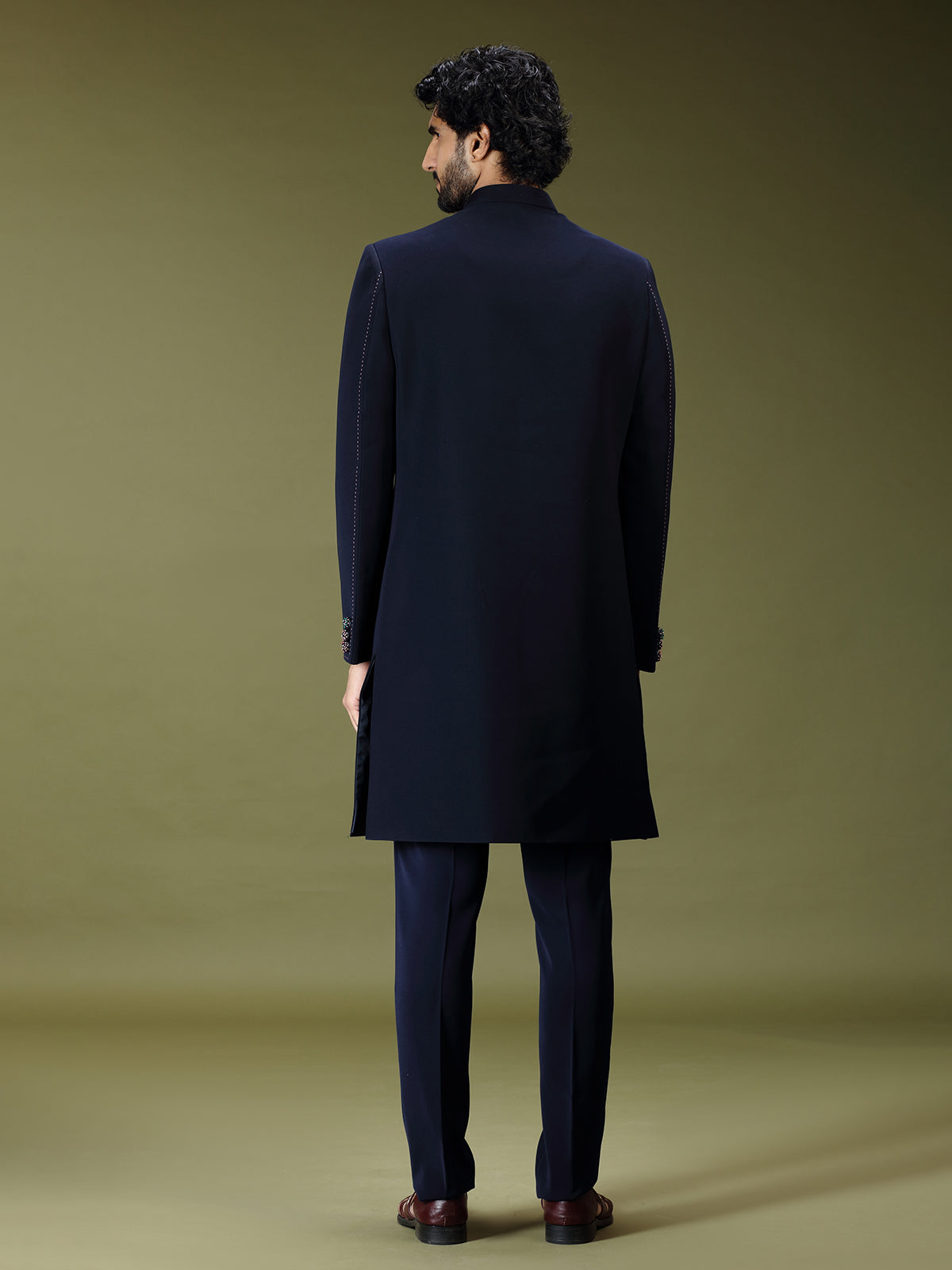 Navy blue regal polyester silk men indo western with dupatta