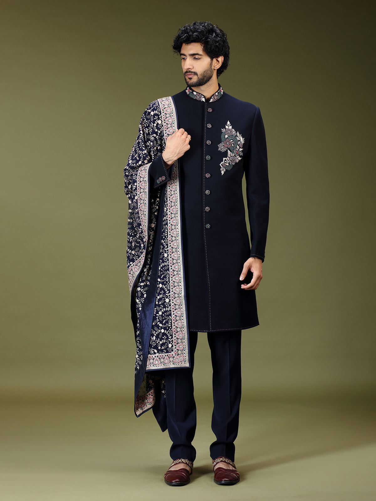 Navy blue regal polyester silk men indo western with dupatta
