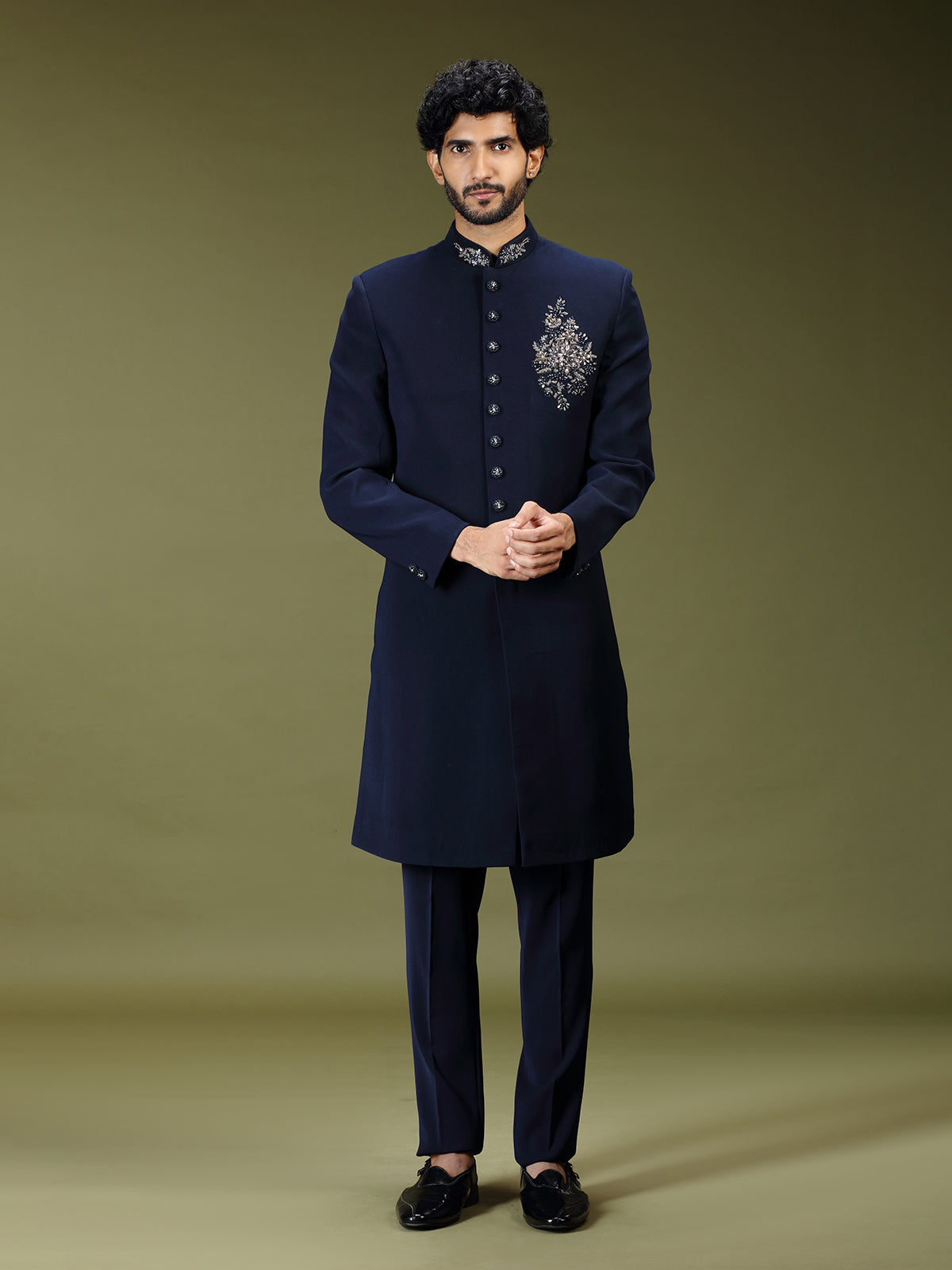 Navy blue opulent polyester silk men indo western with dupatta