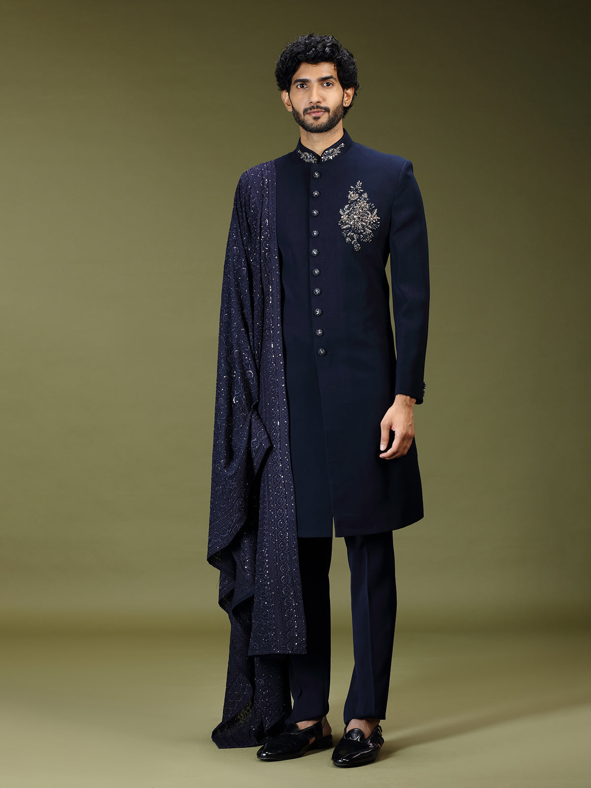 Navy blue opulent polyester silk men indo western with dupatta