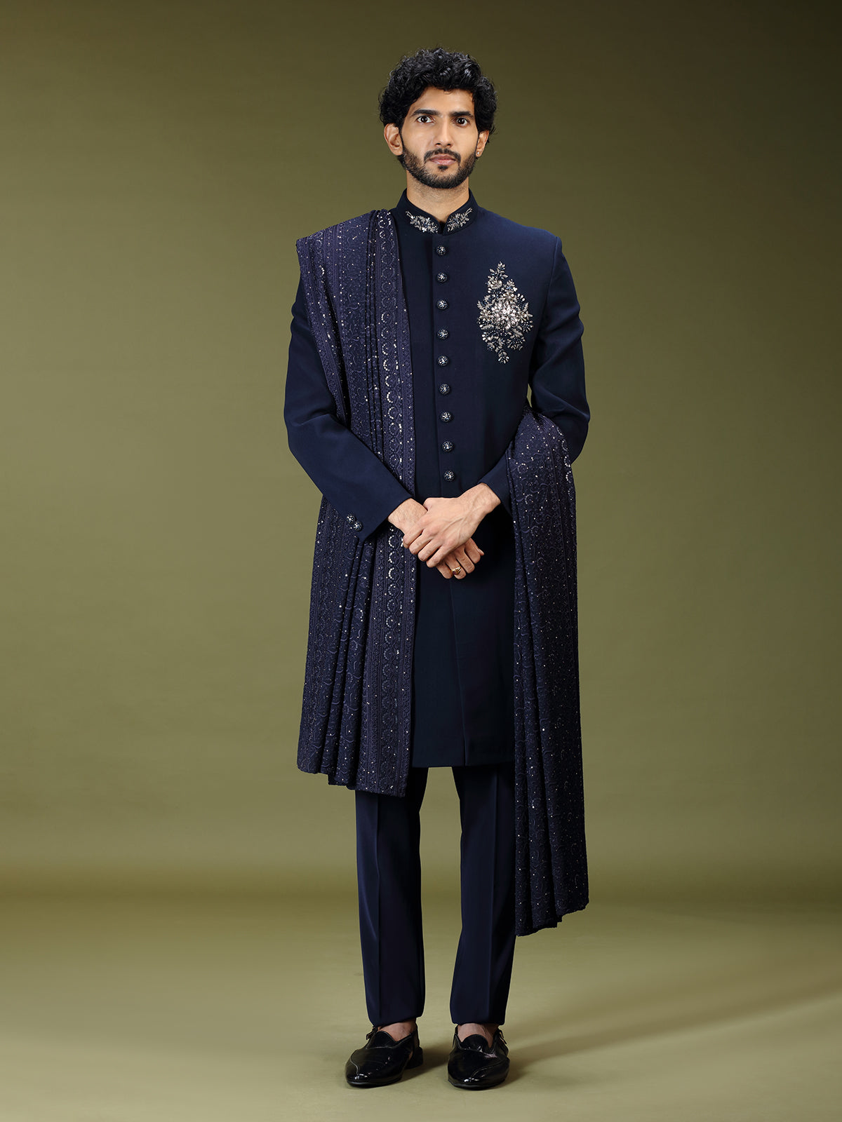 Navy blue opulent polyester silk men indo western with dupatta
