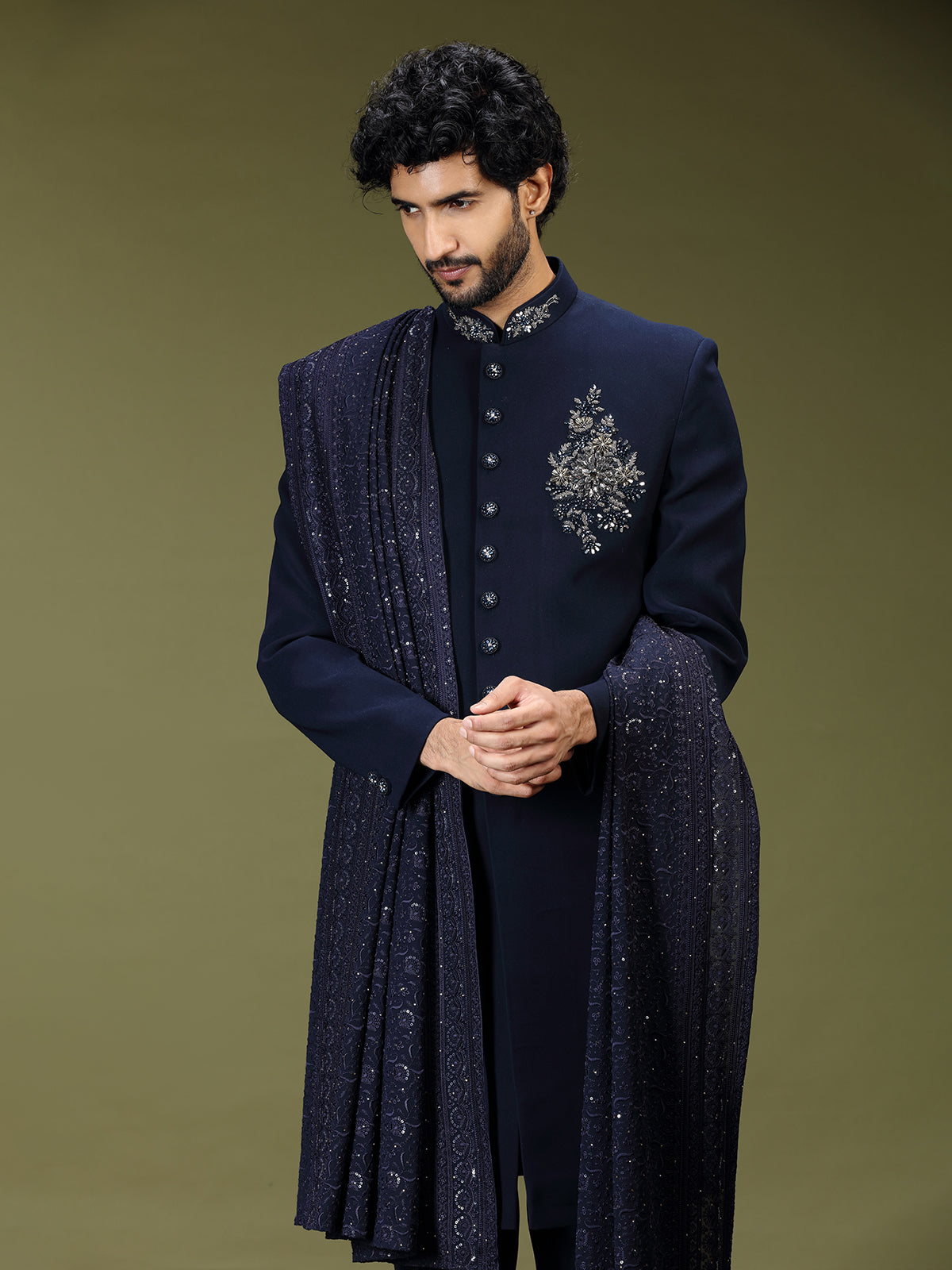 Navy blue opulent polyester silk men indo western with dupatta