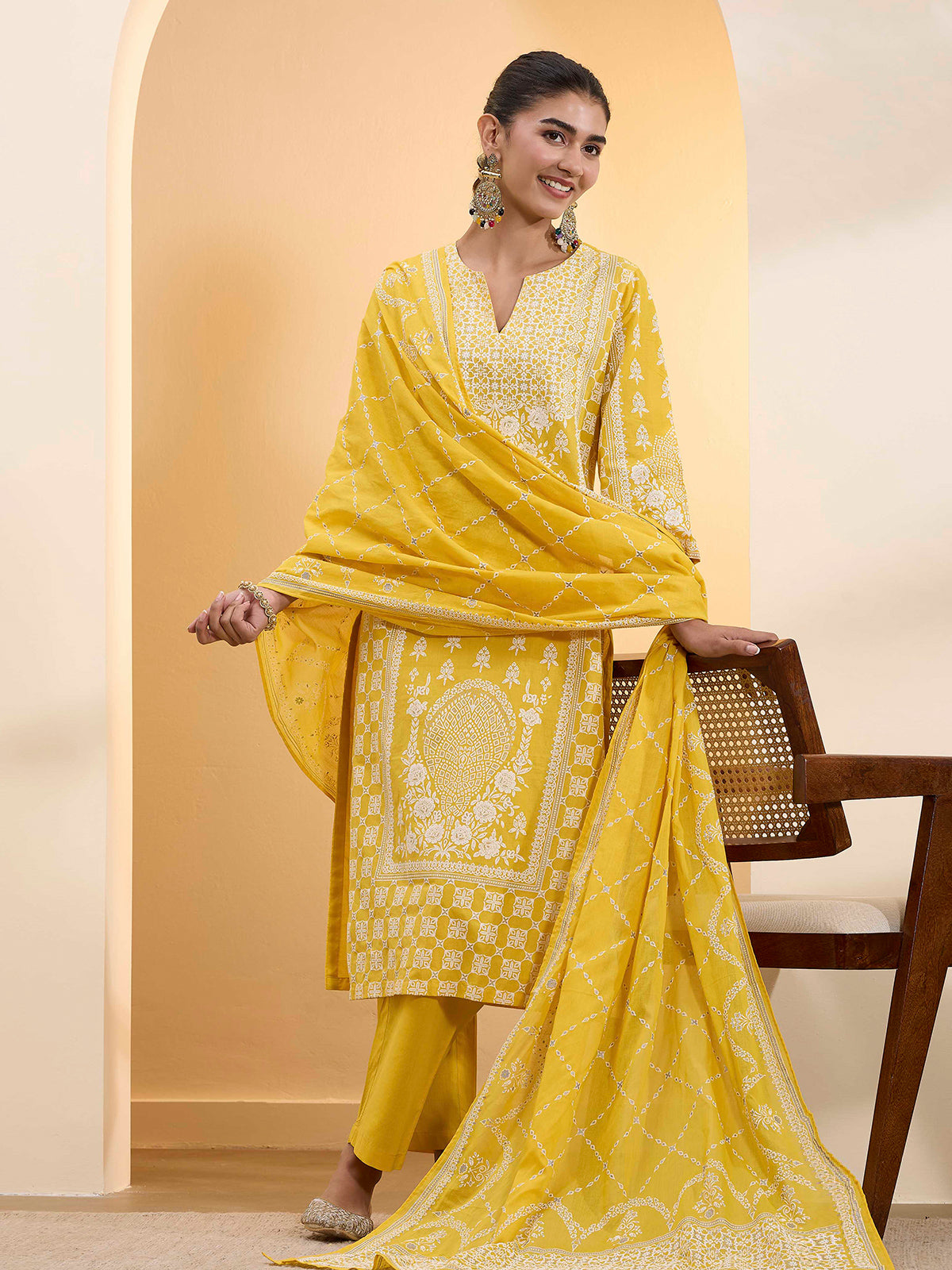 Yellow straight kurti set with dupatta
