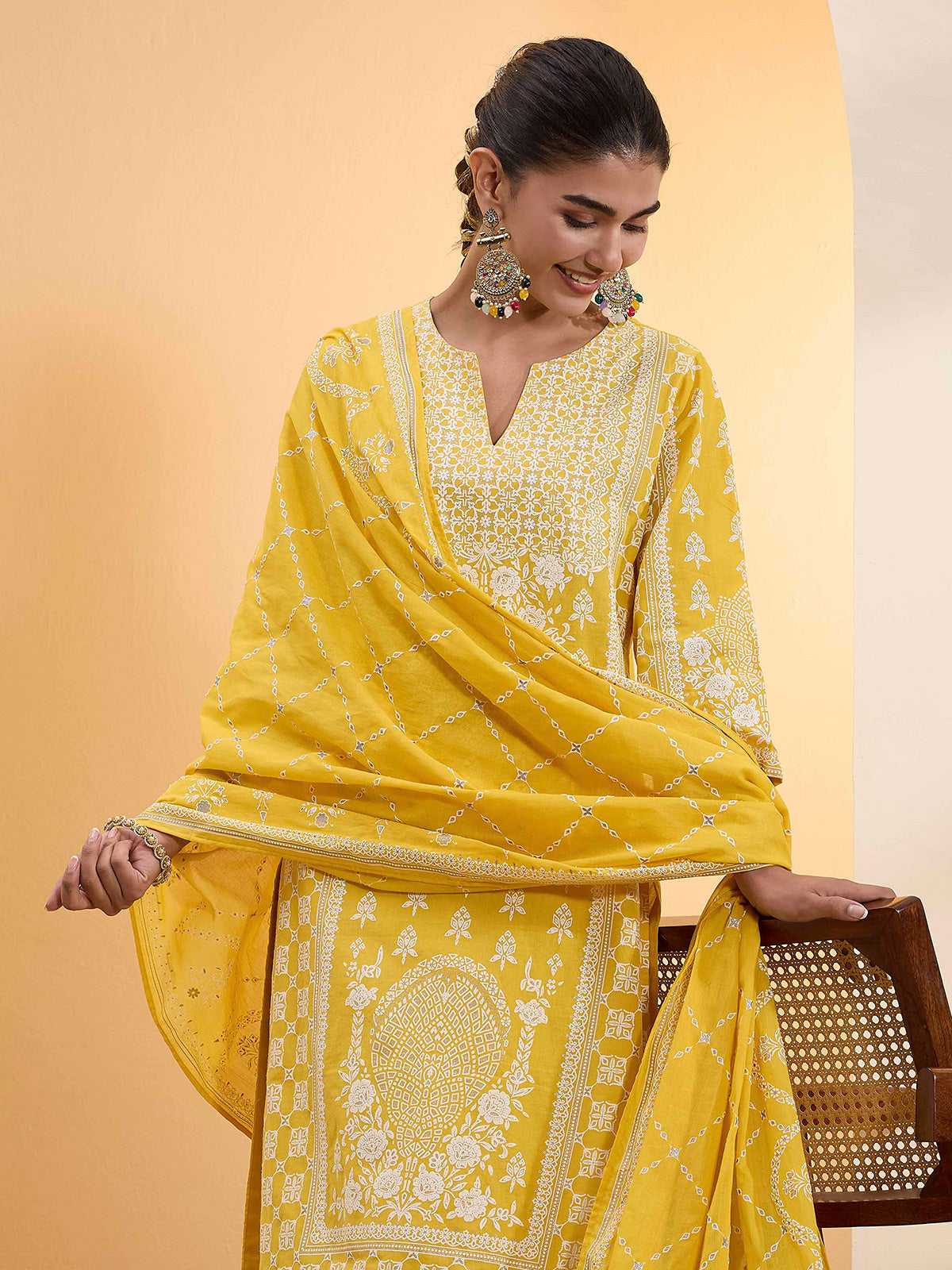 Yellow straight kurti set with dupatta
