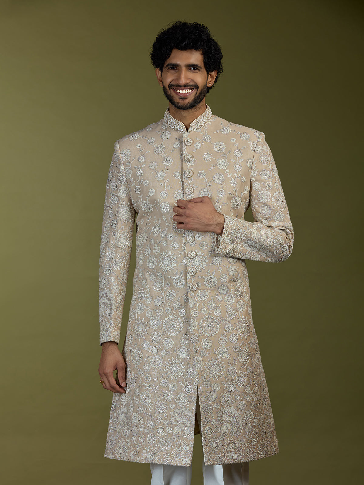 Beige regal floral premium raw silk mens sherwani