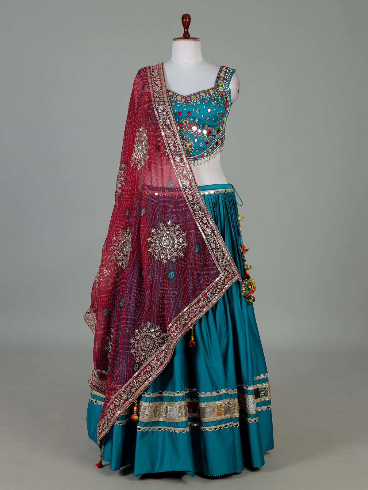 Teal blue mirror work lehenga choli for garba nights