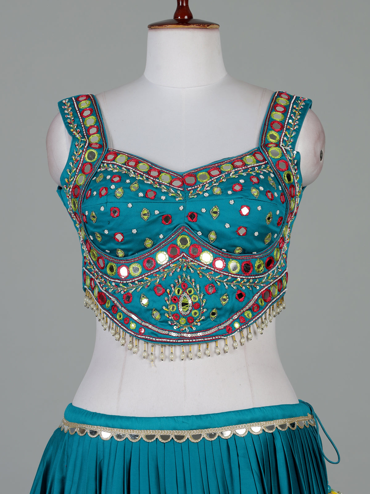 Teal blue mirror work lehenga choli for garba nights