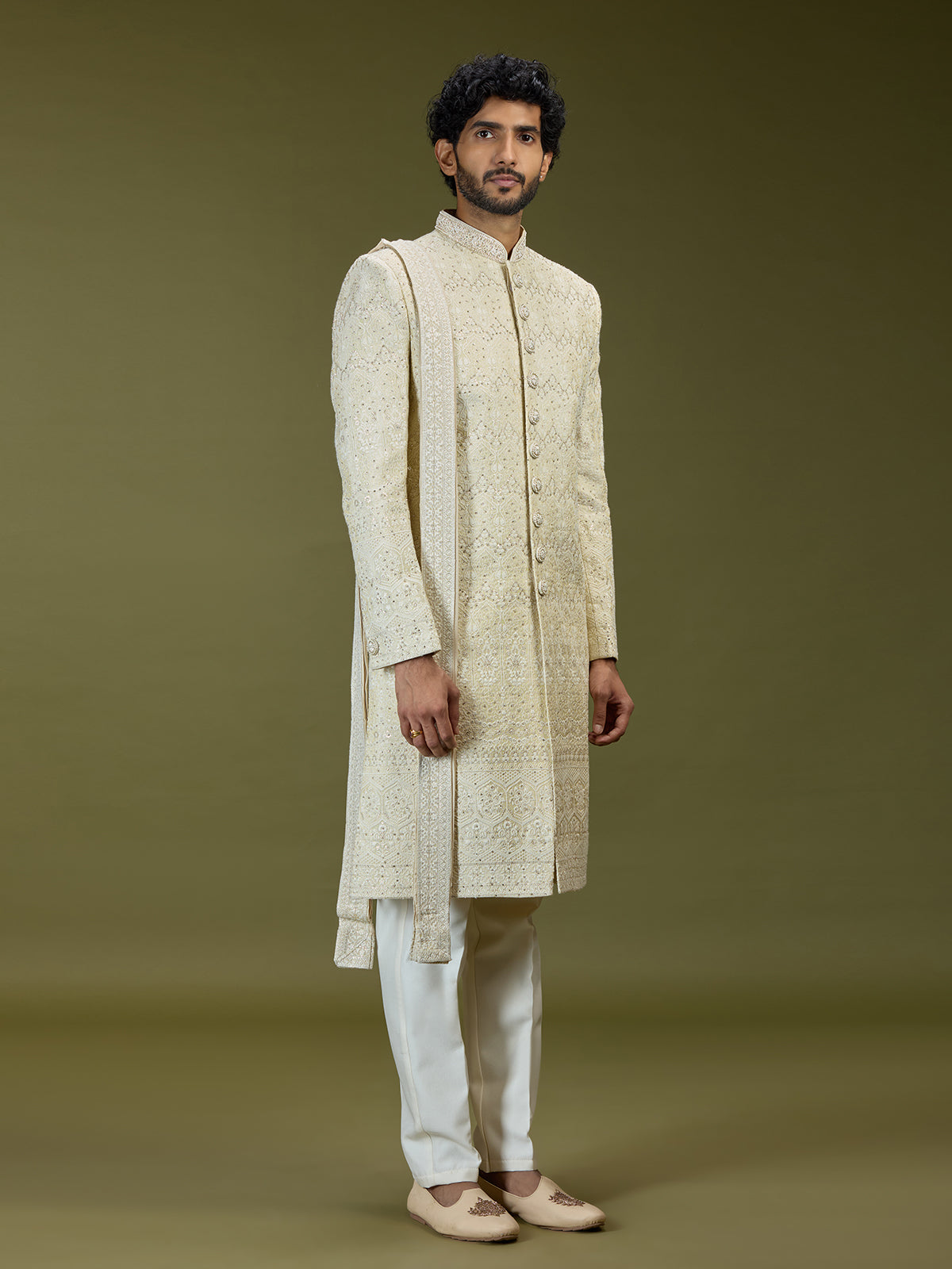 Cream opulent swarovski premium mughal mens sherwani