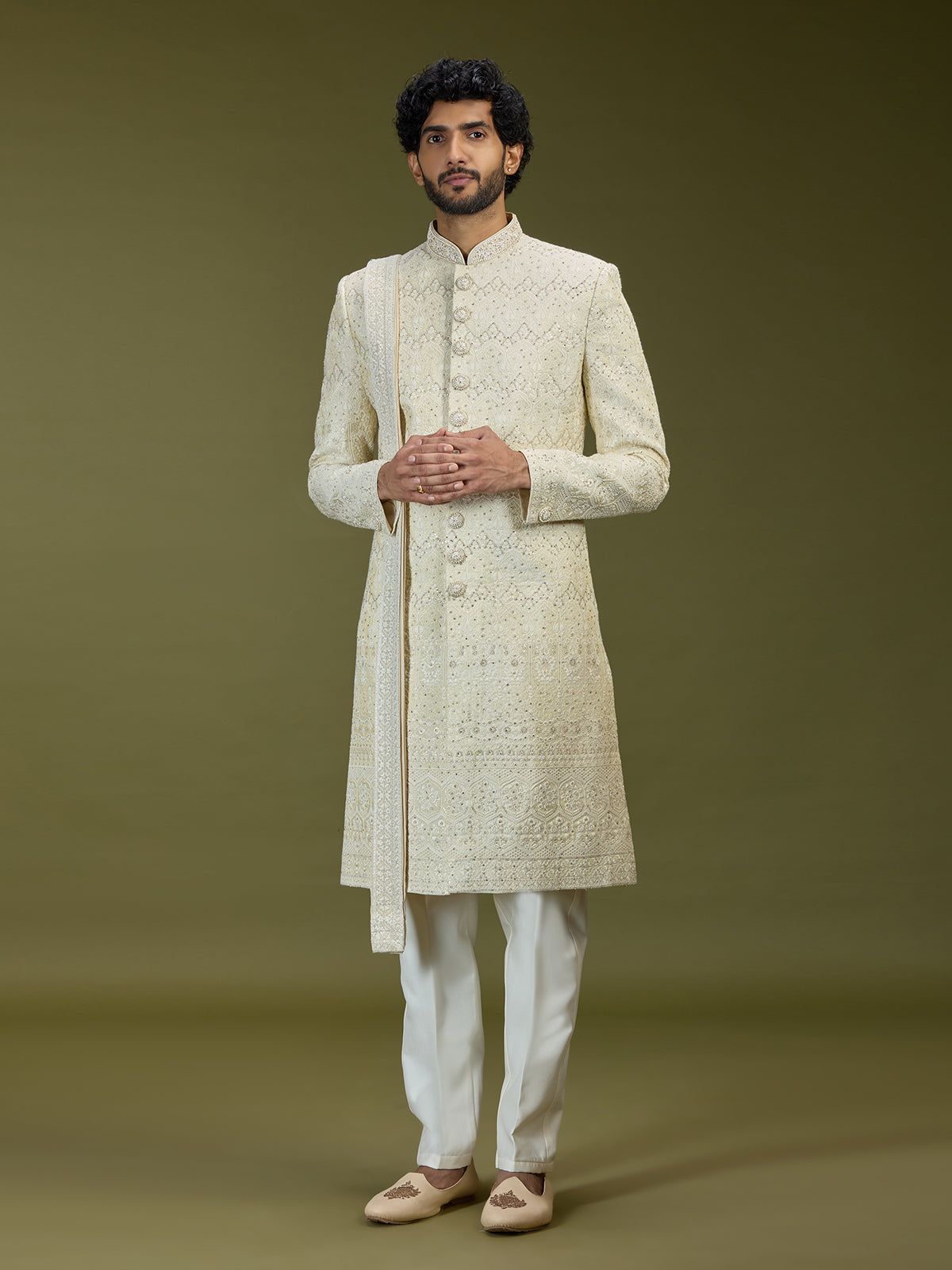 Cream opulent swarovski premium mughal mens sherwani