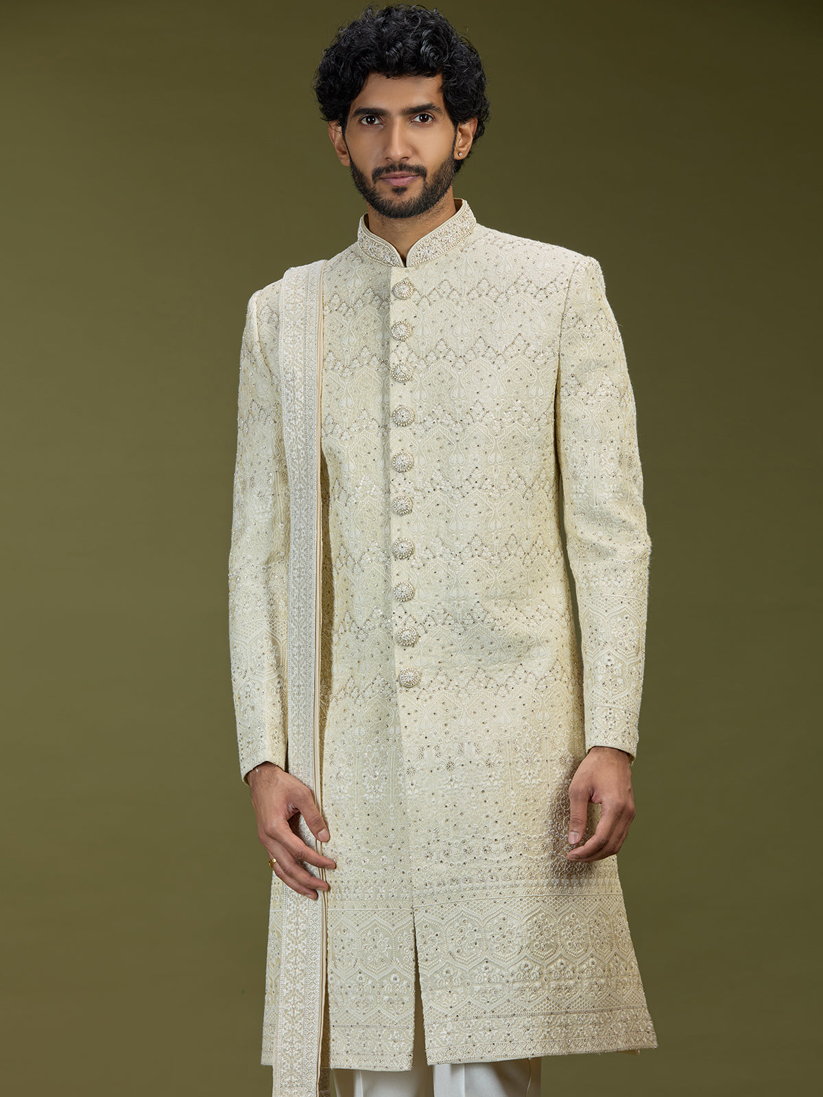 Cream opulent swarovski premium mughal mens sherwani