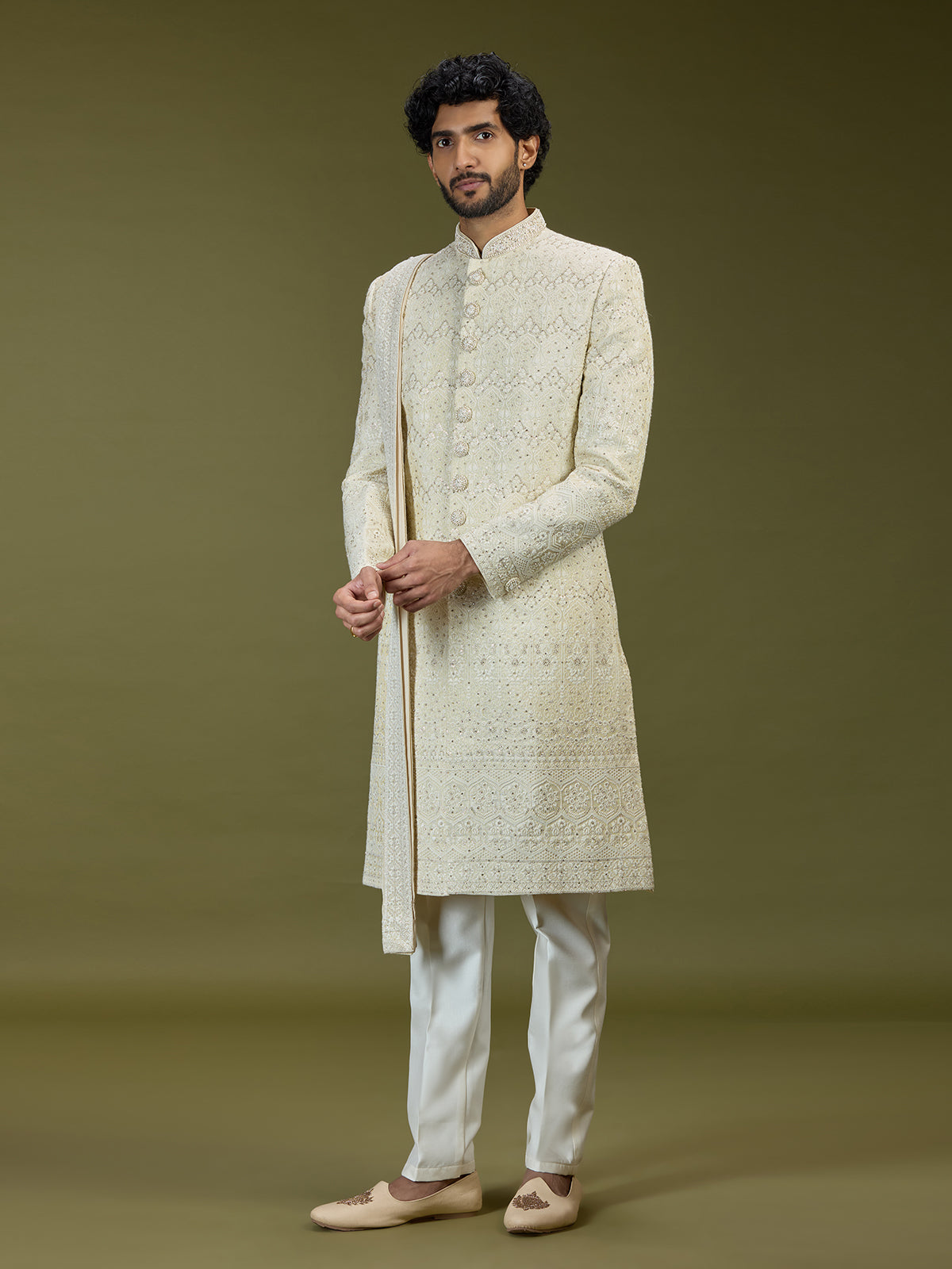 Cream opulent swarovski premium mughal mens sherwani