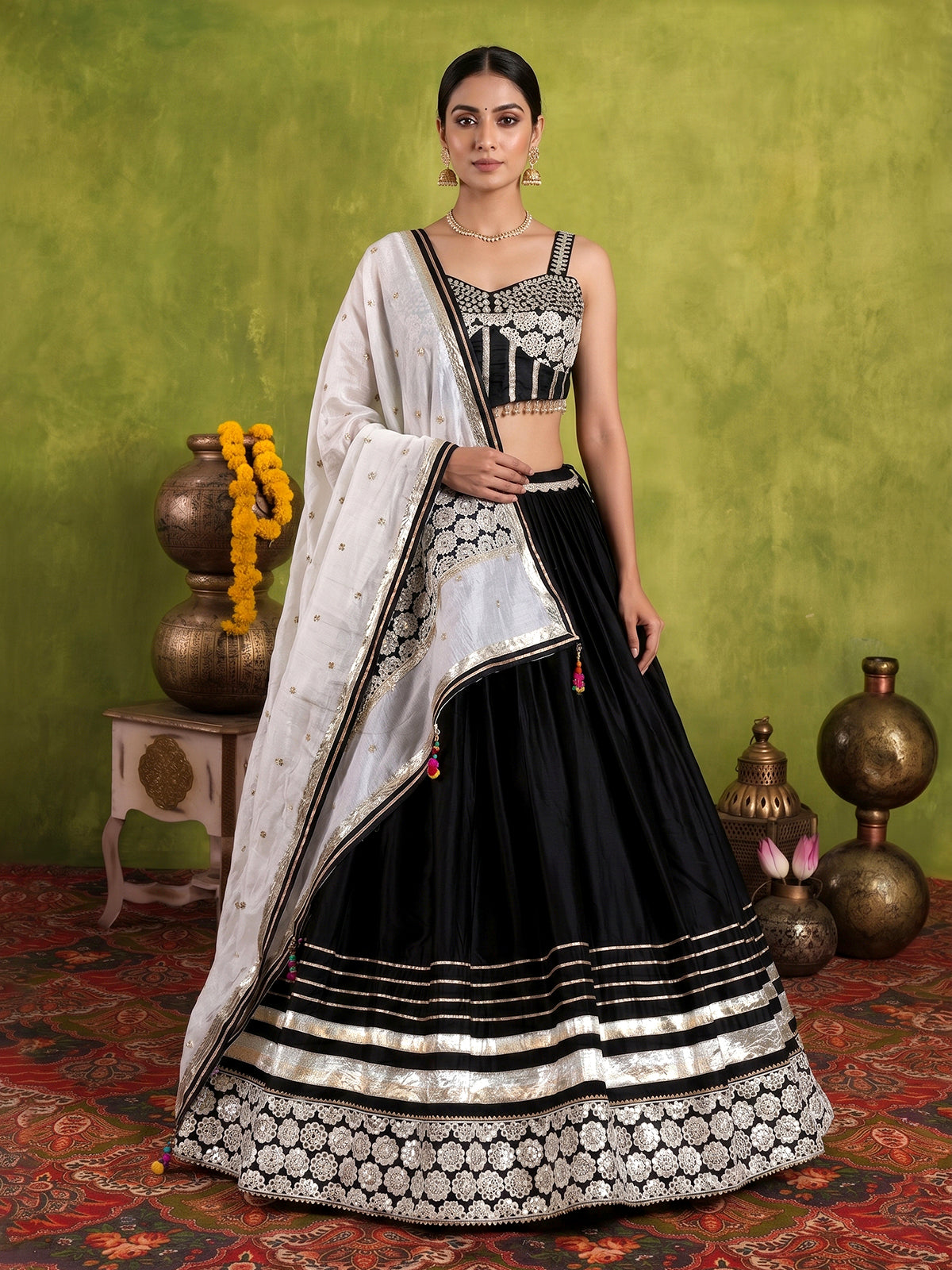 Black cotton silk lehenga choli with bandhani print dupatta