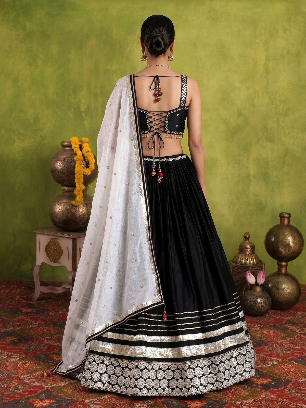 Black cotton silk lehenga choli with bandhani print dupatta