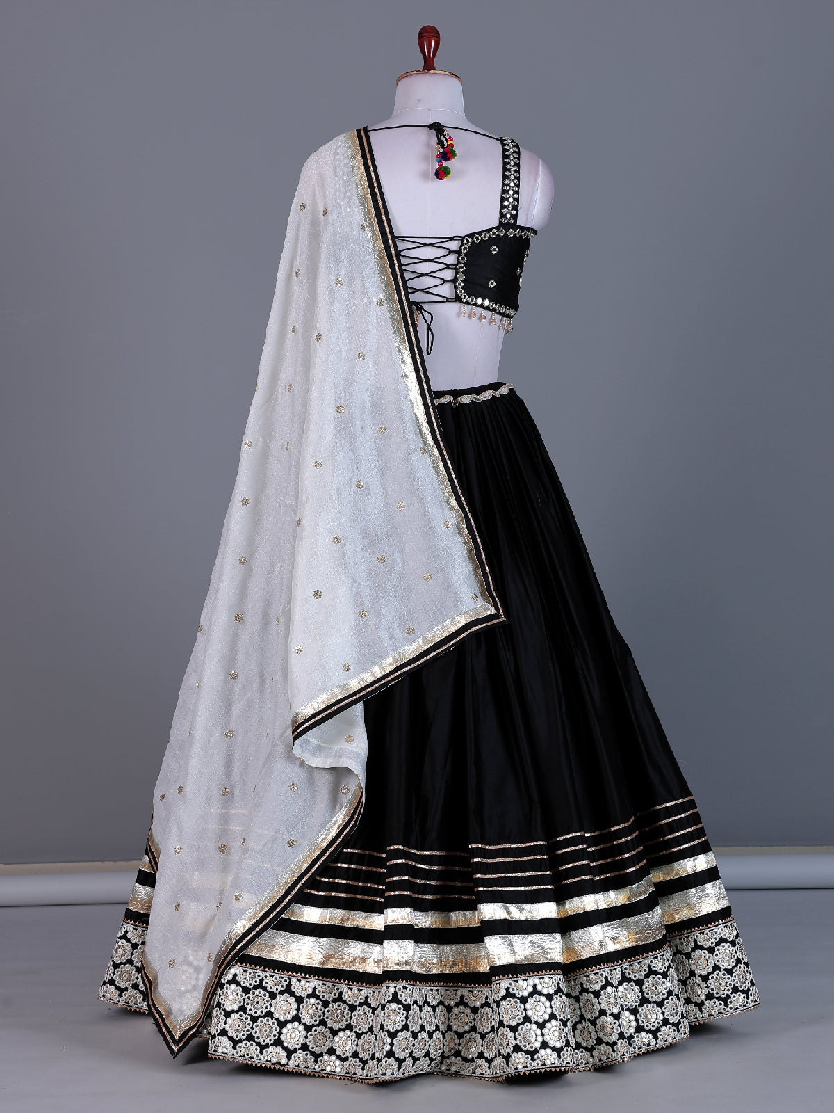 Black cotton silk lehenga choli with bandhani print dupatta