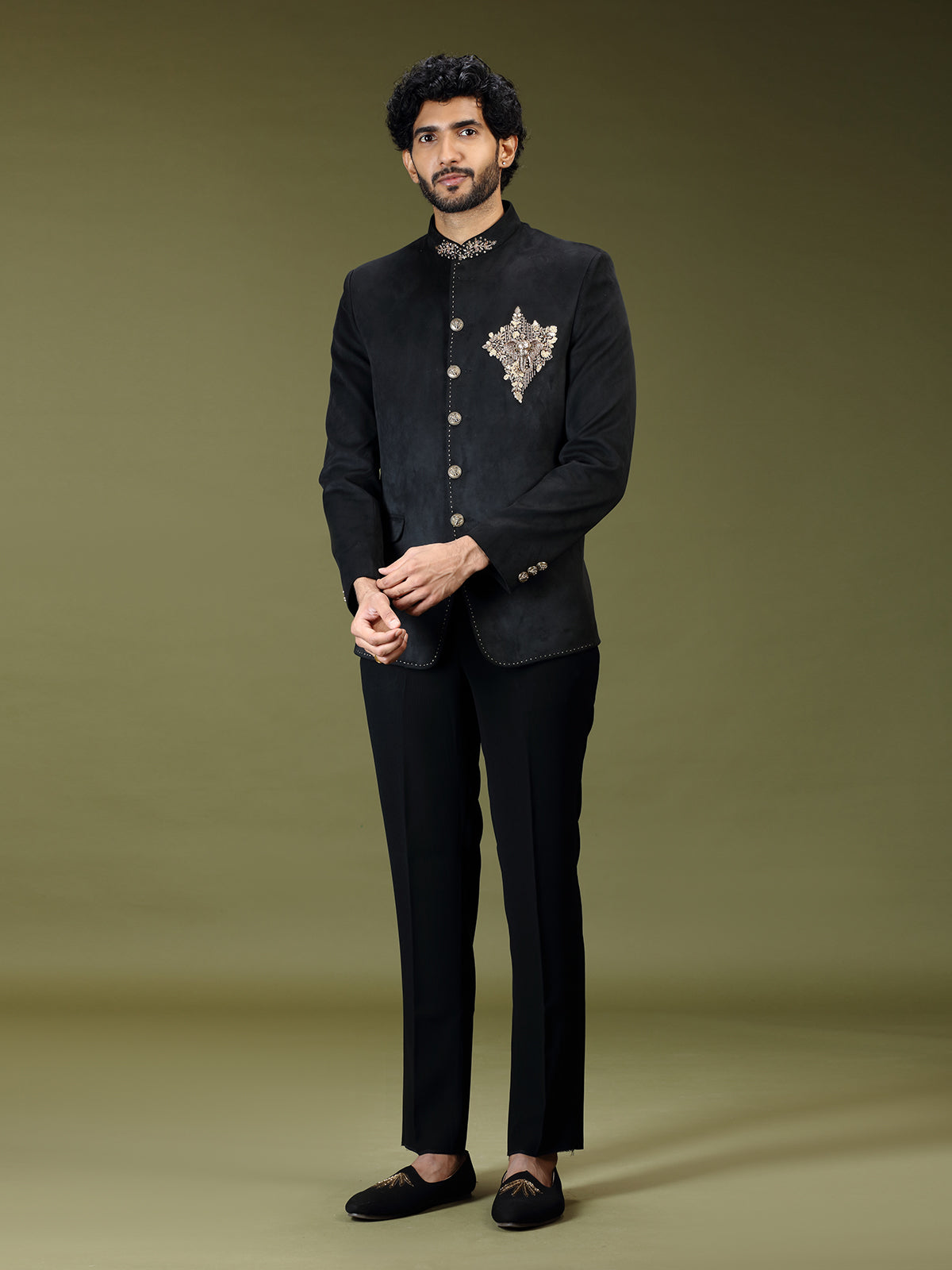 Black regal velvet embellished luxury jodhpuri suit