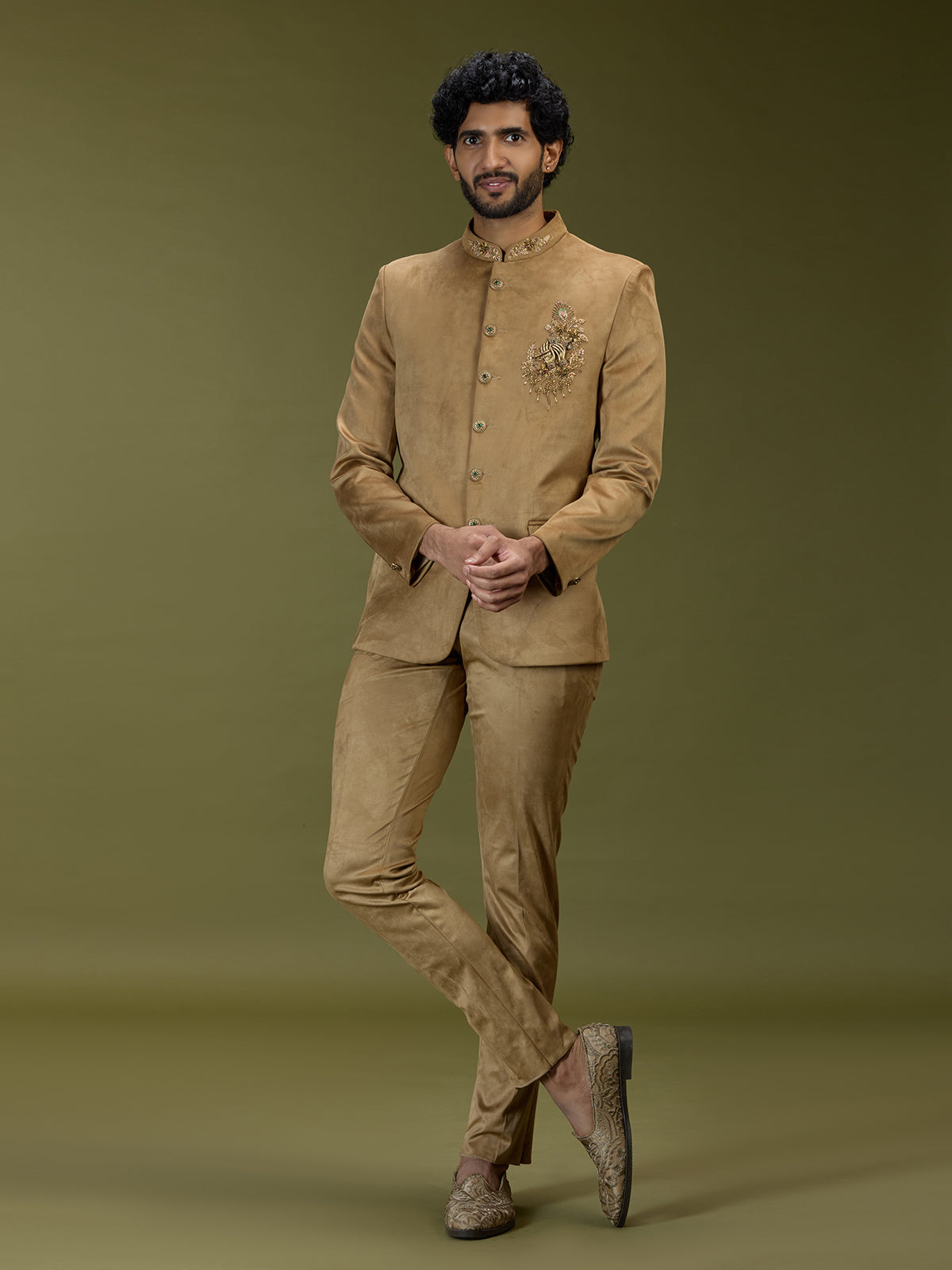 Gold royal krishna motif premium velvet jodhpuri suit